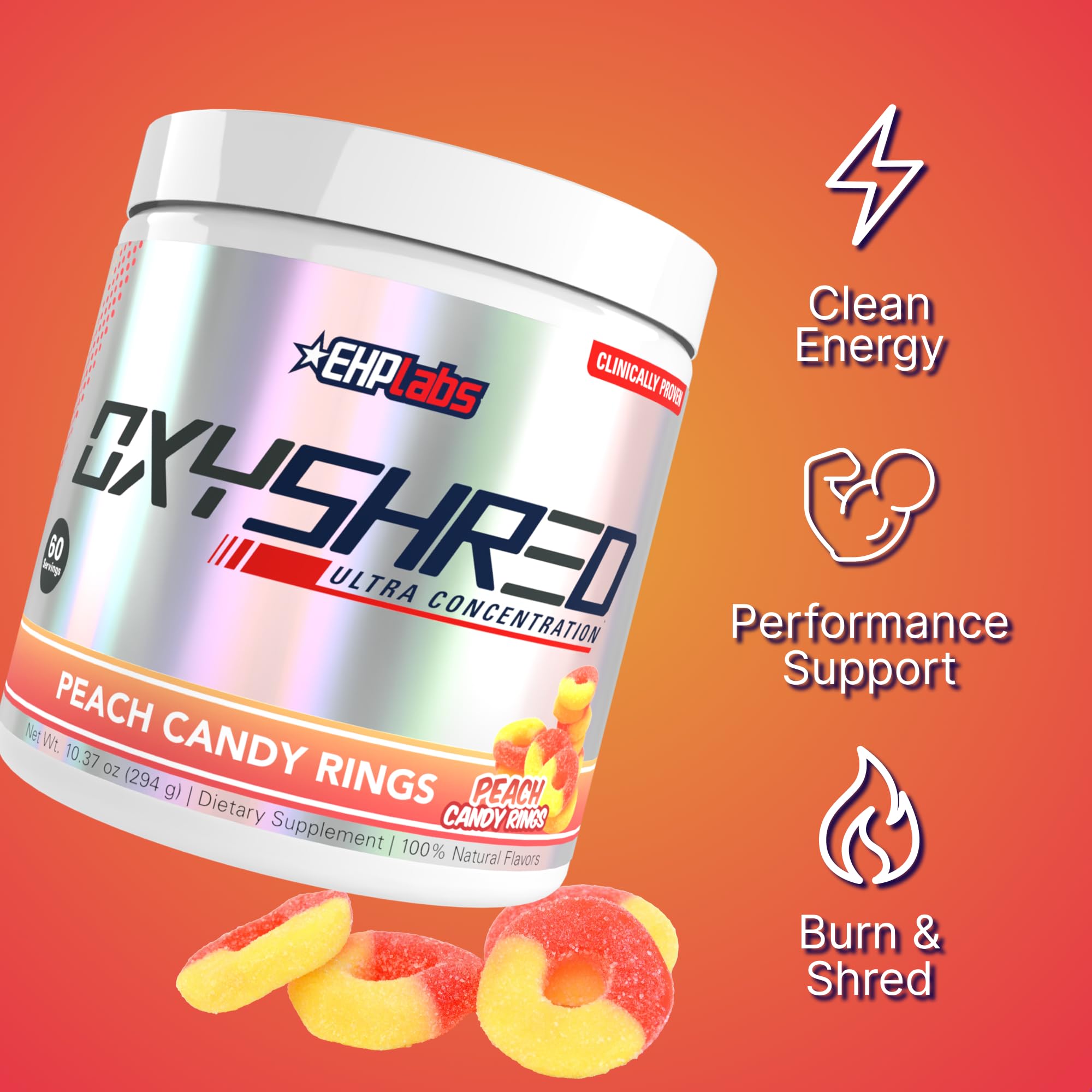 Bebida preparada OxyShred en vaso mostrando EHP Labs y energía lista para entrenar