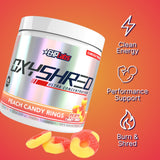 Bebida preparada OxyShred en vaso mostrando EHP Labs y energía lista para entrenar