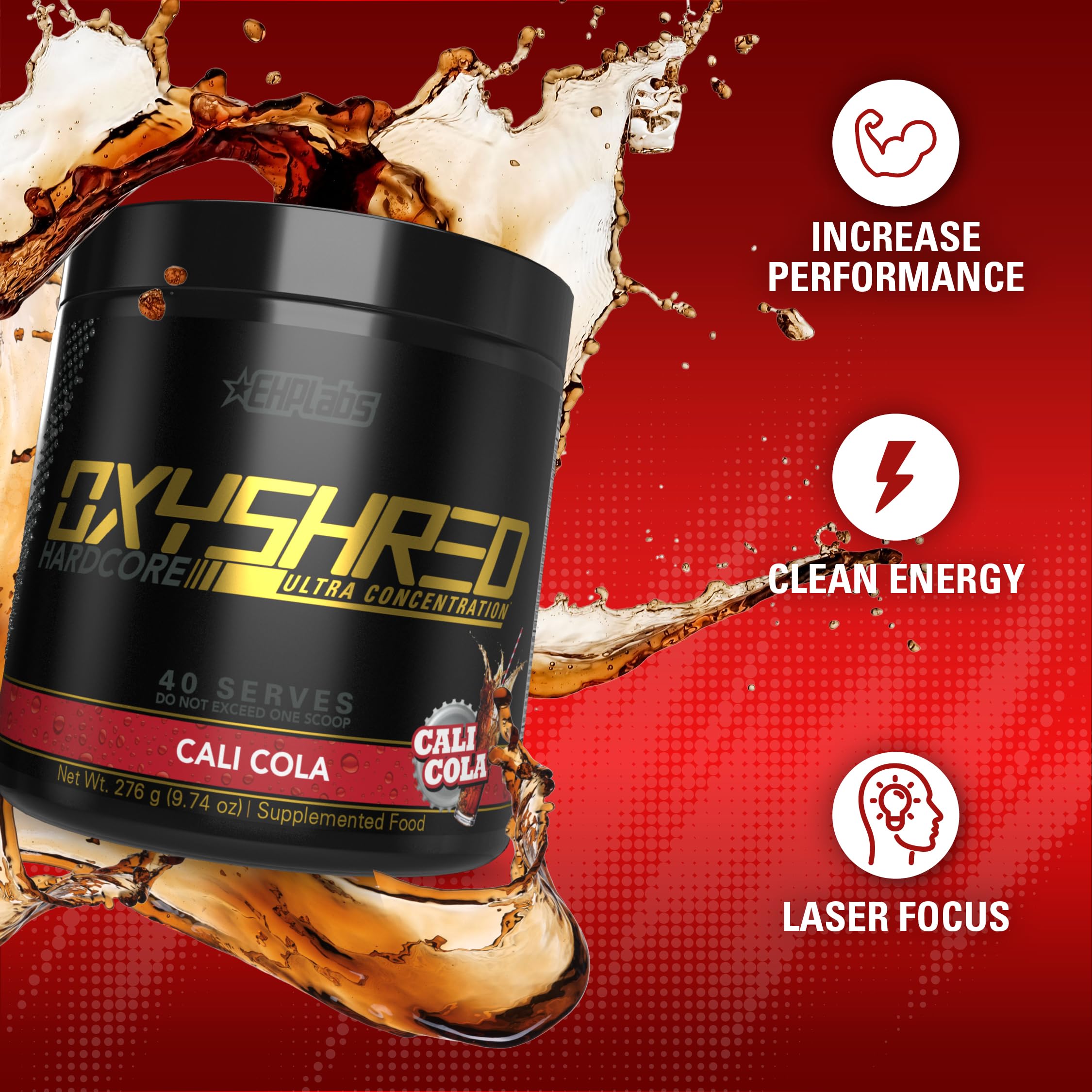 Cuchara con polvo OxyShred EHP Labs lista para preparar y ofrecer energía intensa