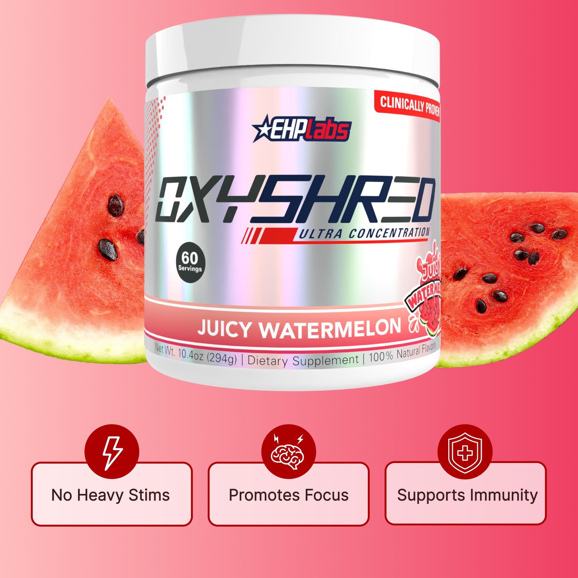 EHP Labs OxyShred comparación de tamaño y 60 porciones por envase