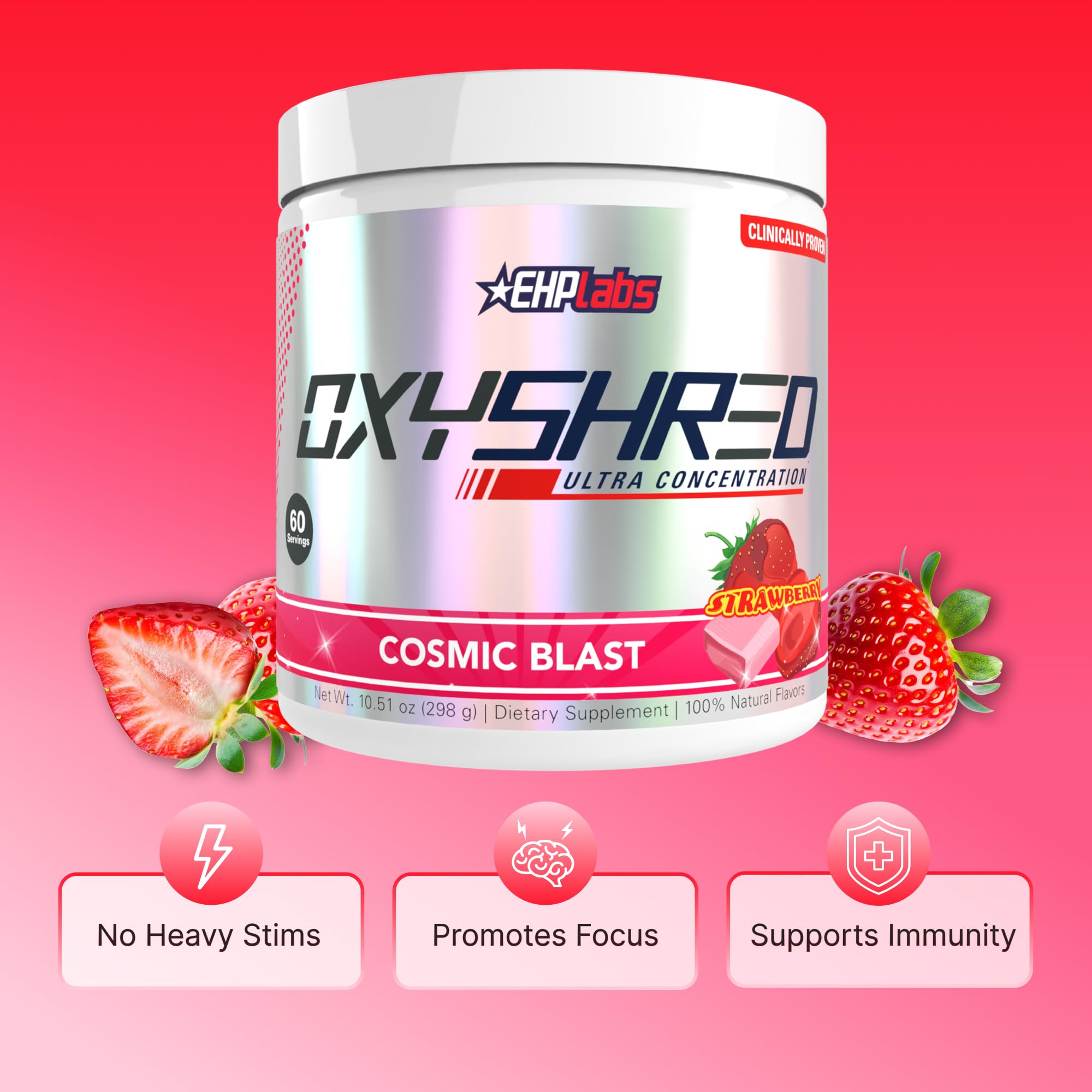 EHP Labs OxyShred envase junto a cuchara que indica 60 servicios y ahorro