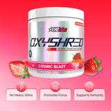 EHP Labs OxyShred envase junto a cuchara que indica 60 servicios y ahorro