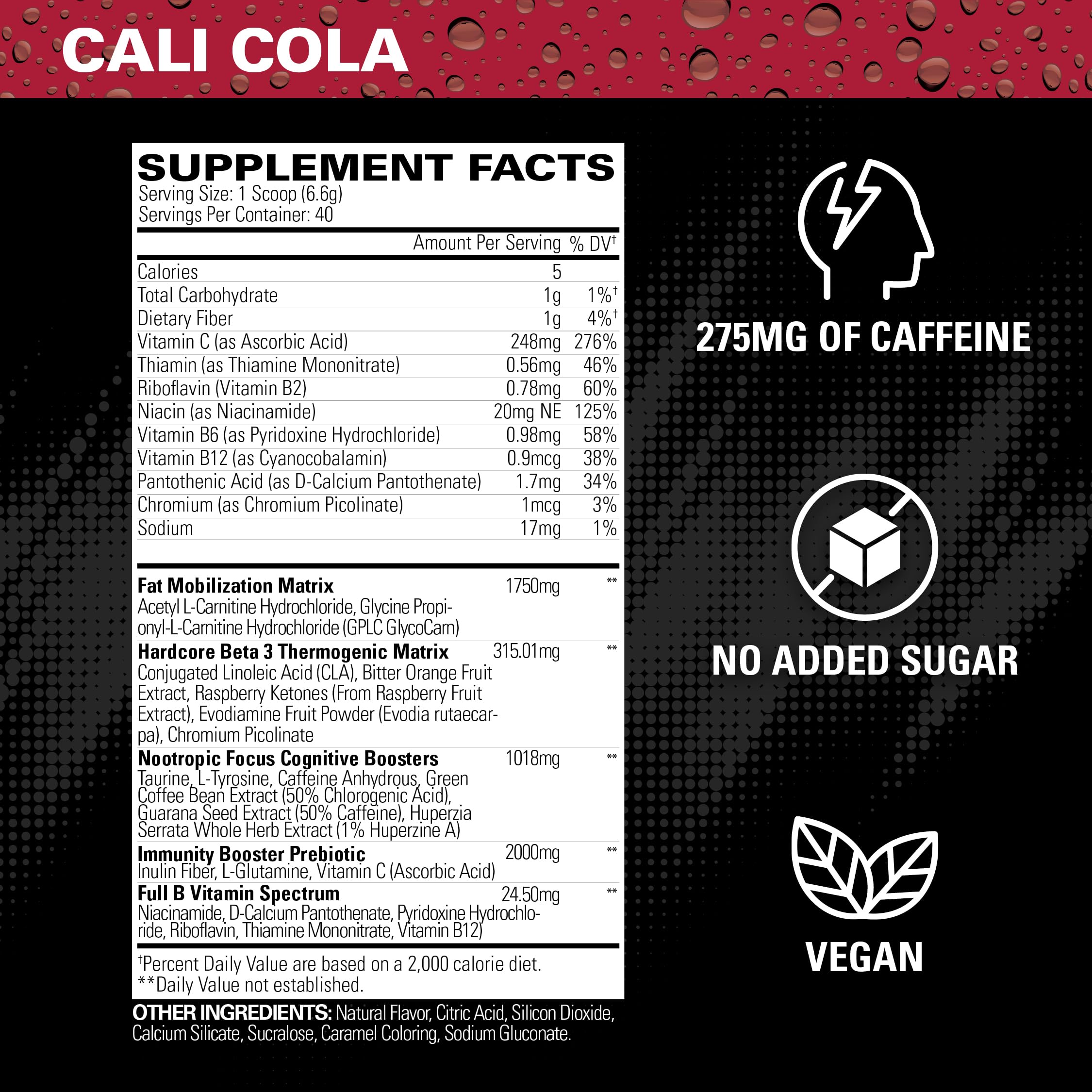 Polvo Cali Cola textura fina de EHP Labs que facilita mezcla rápida y buen sabor