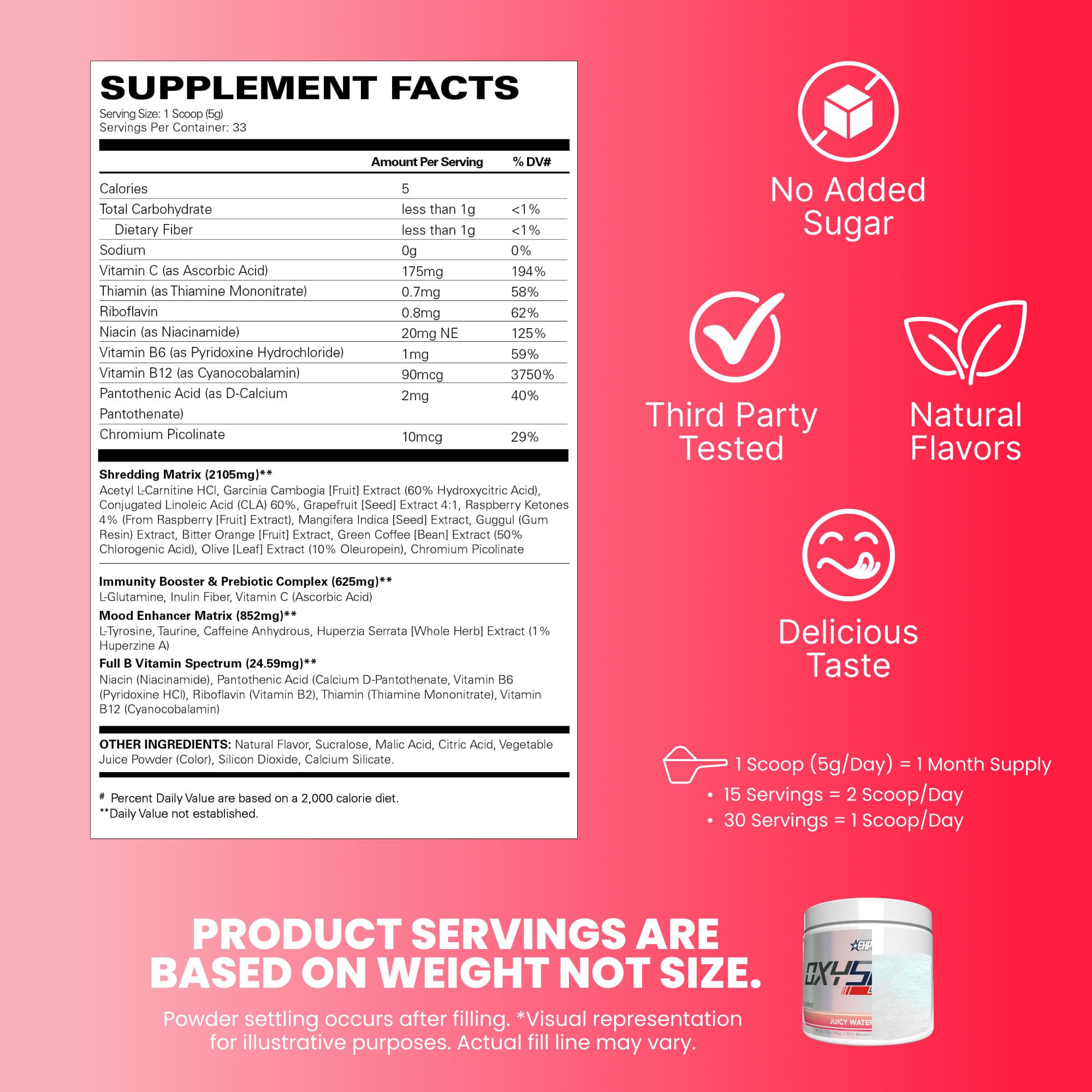 EHP Labs OxyShred polvo textura fina y color rosa para mezcla rápida