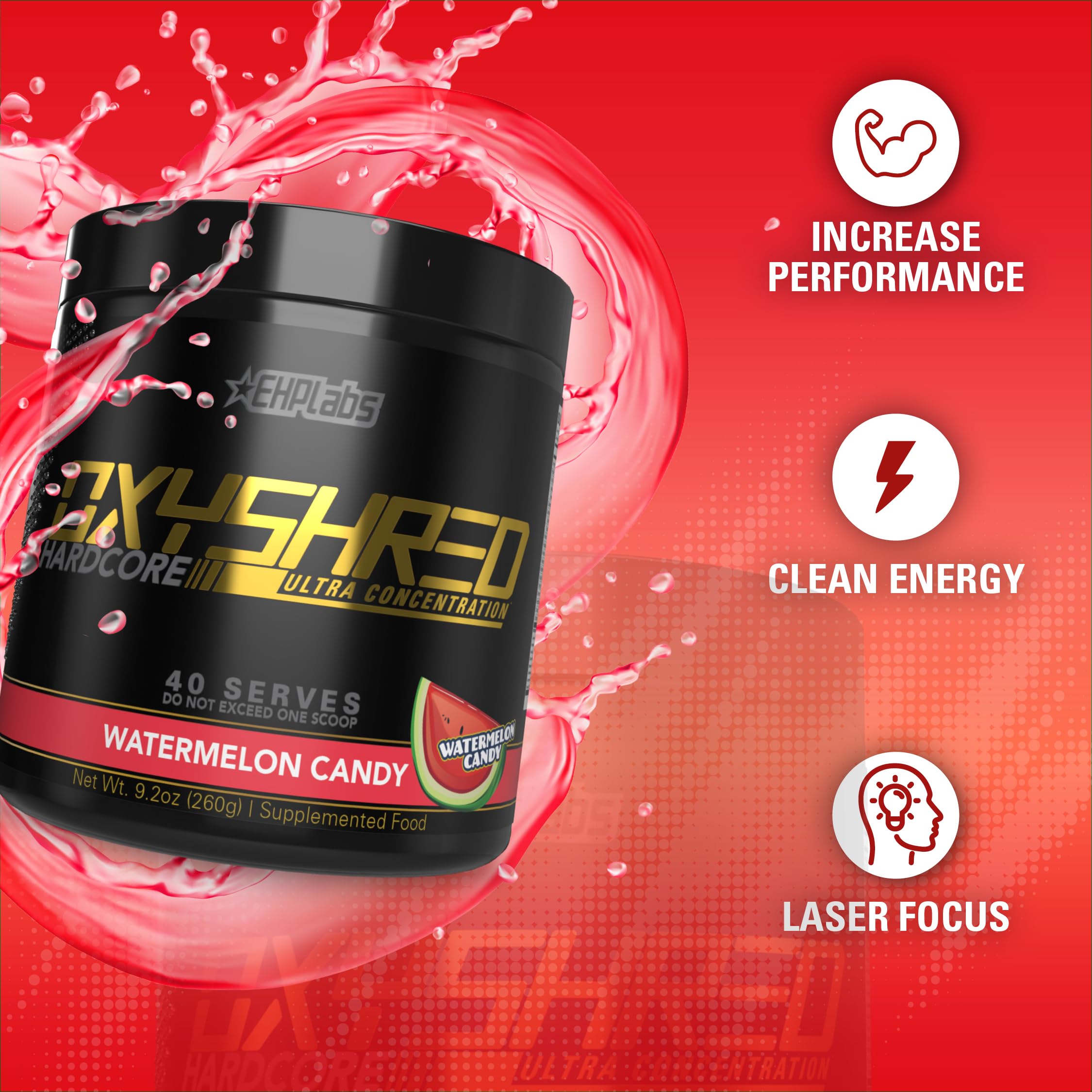 Vaso con OxyShred Hardcore mezclado y hielo, EHP Labs aporta energía refrescante