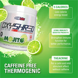 Vaso con OxyShred mezclado sabor Mojito, EHP Labs aporta energía limpia antes del entrenamiento