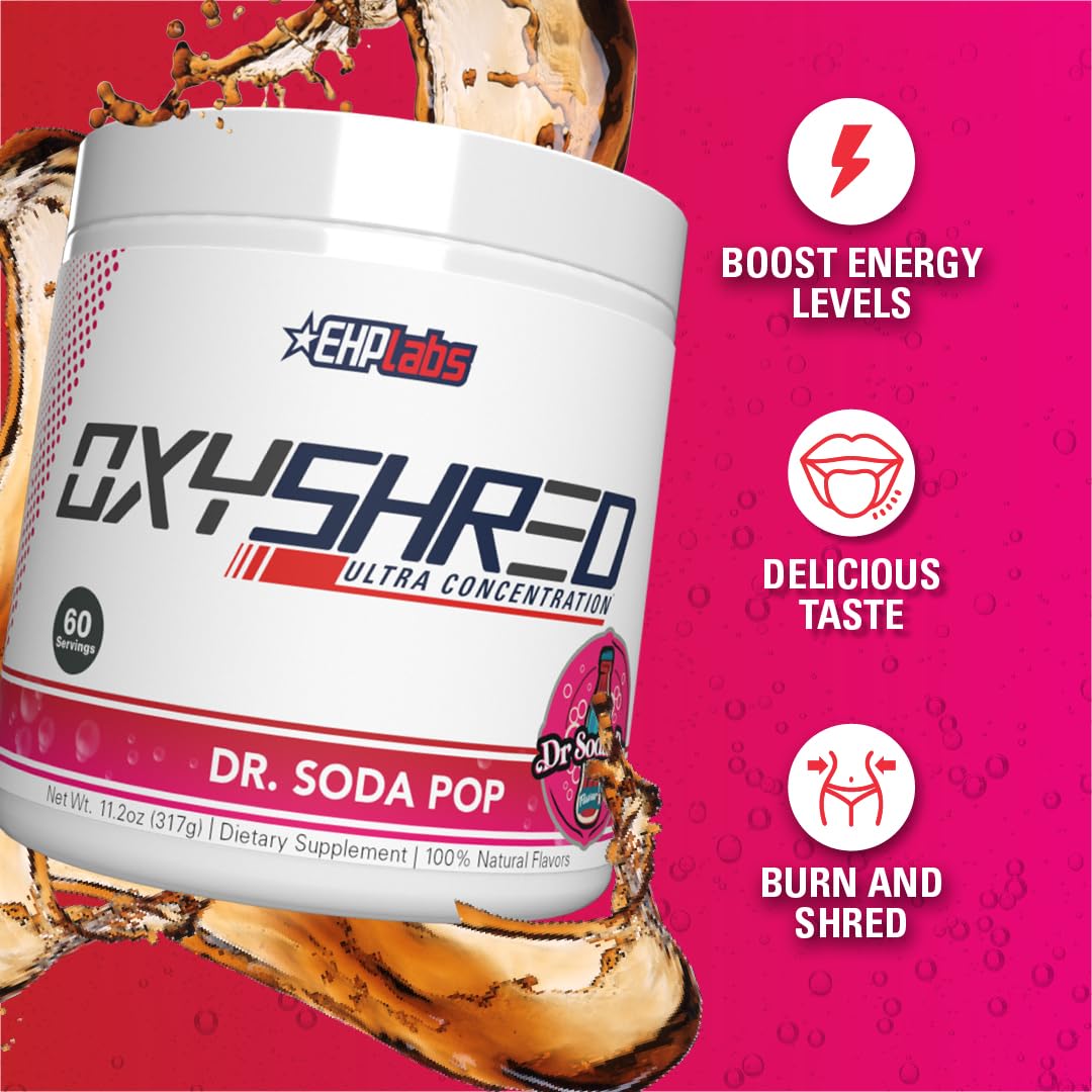 EHP Labs OxyShred vaso preparado demostrando bebida refrescante y efecto pre-entreno