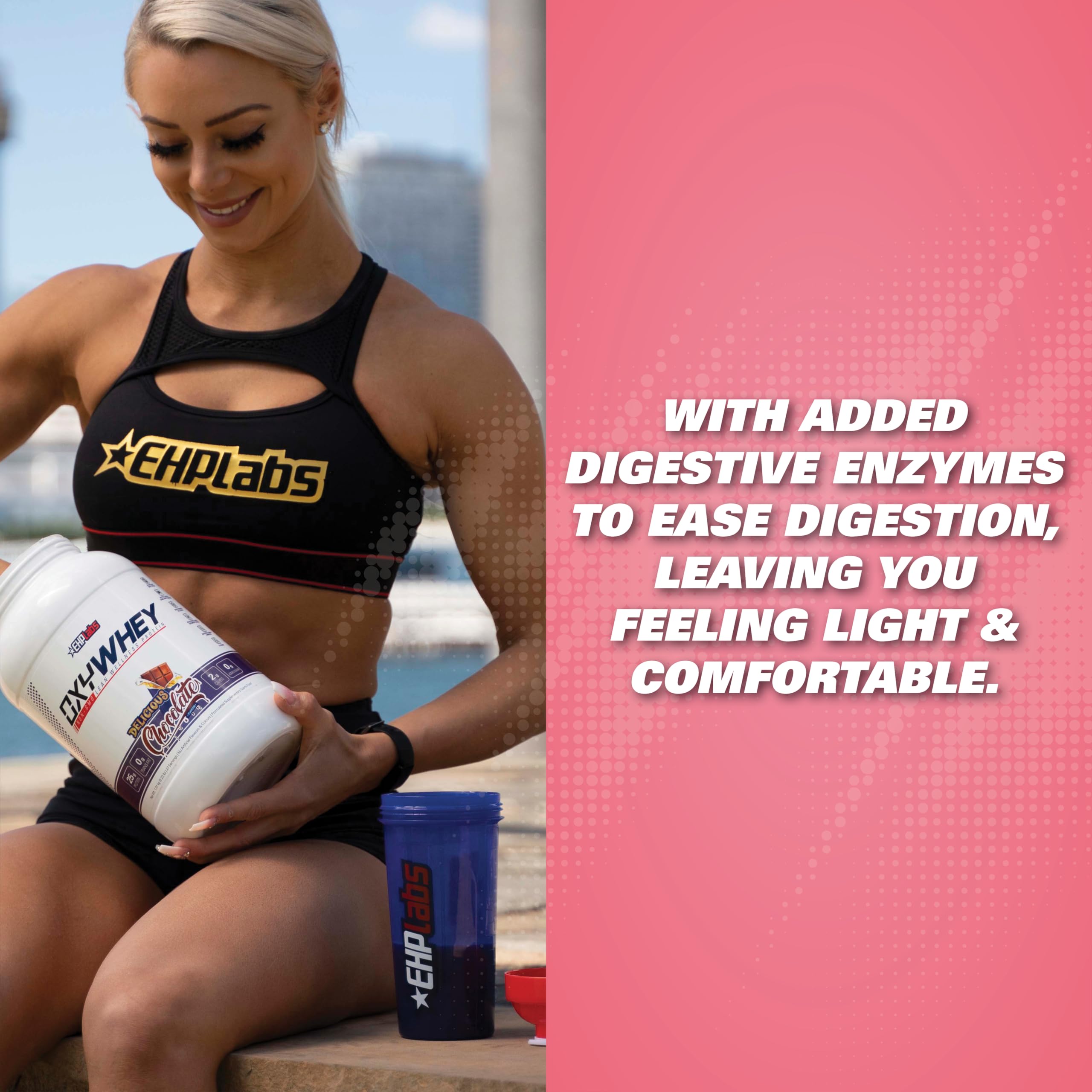 EHP Labs OxyWhey batido en vaso listo para beber, sabor fresa milkshake y cremosidad