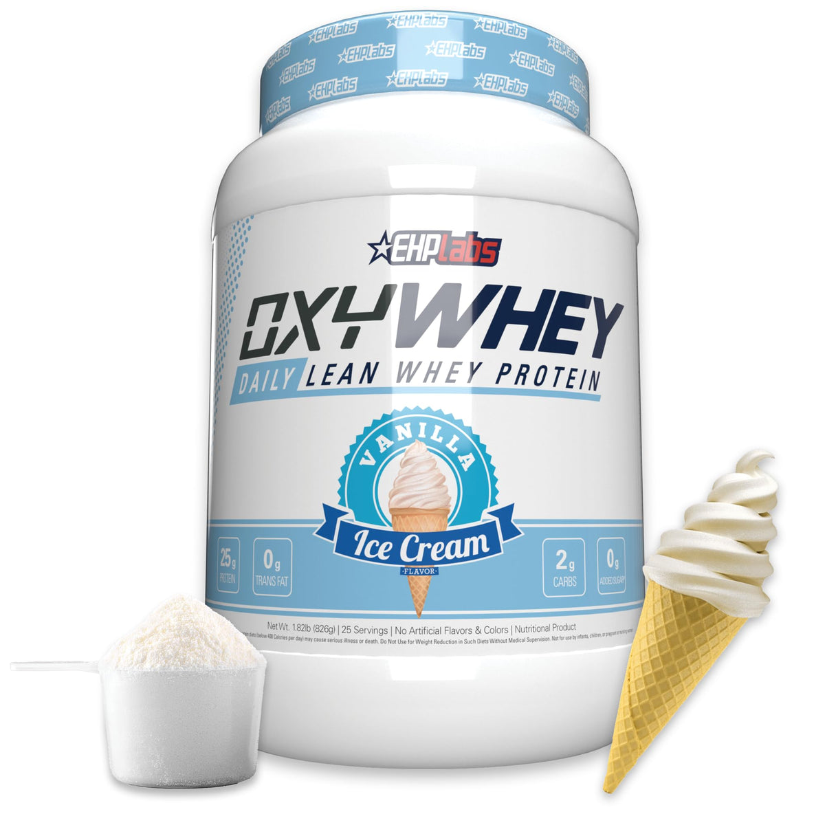 EHP Labs envase frontal OxyWhey mostrando diseño y sabor Vainilla Ice Cream, calidad visible