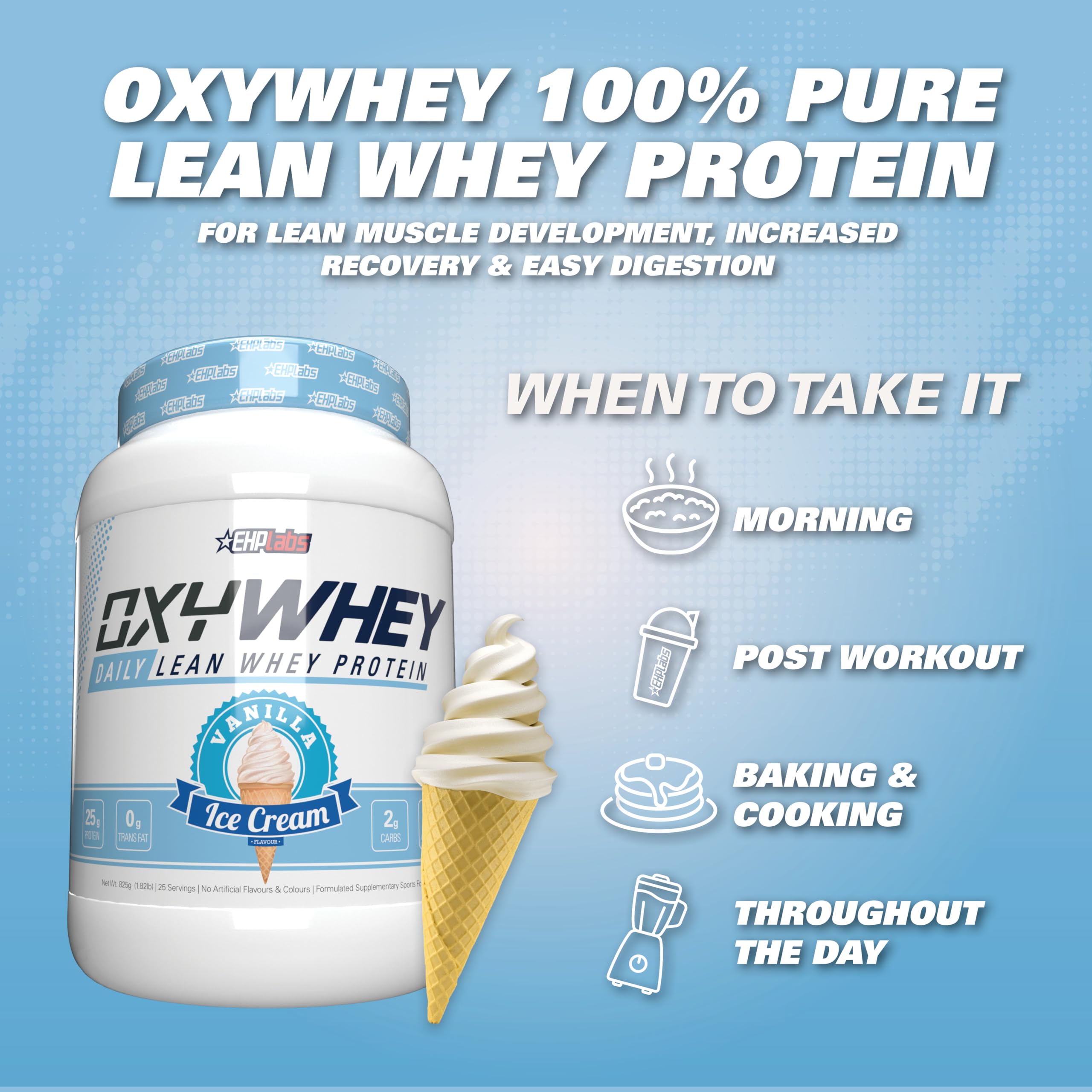 EHP Labs cucharada con OxyWhey mostrando la medida exacta por servicio y conveniencia