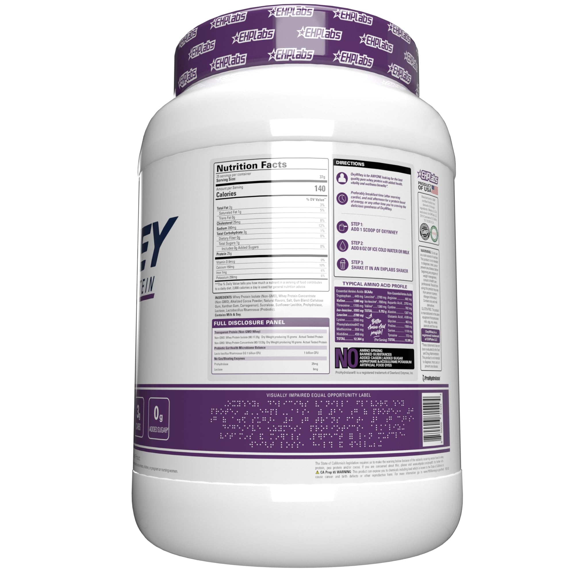 Comparación de tamaño del envase EHP Labs OxyWhey para referencia de servir