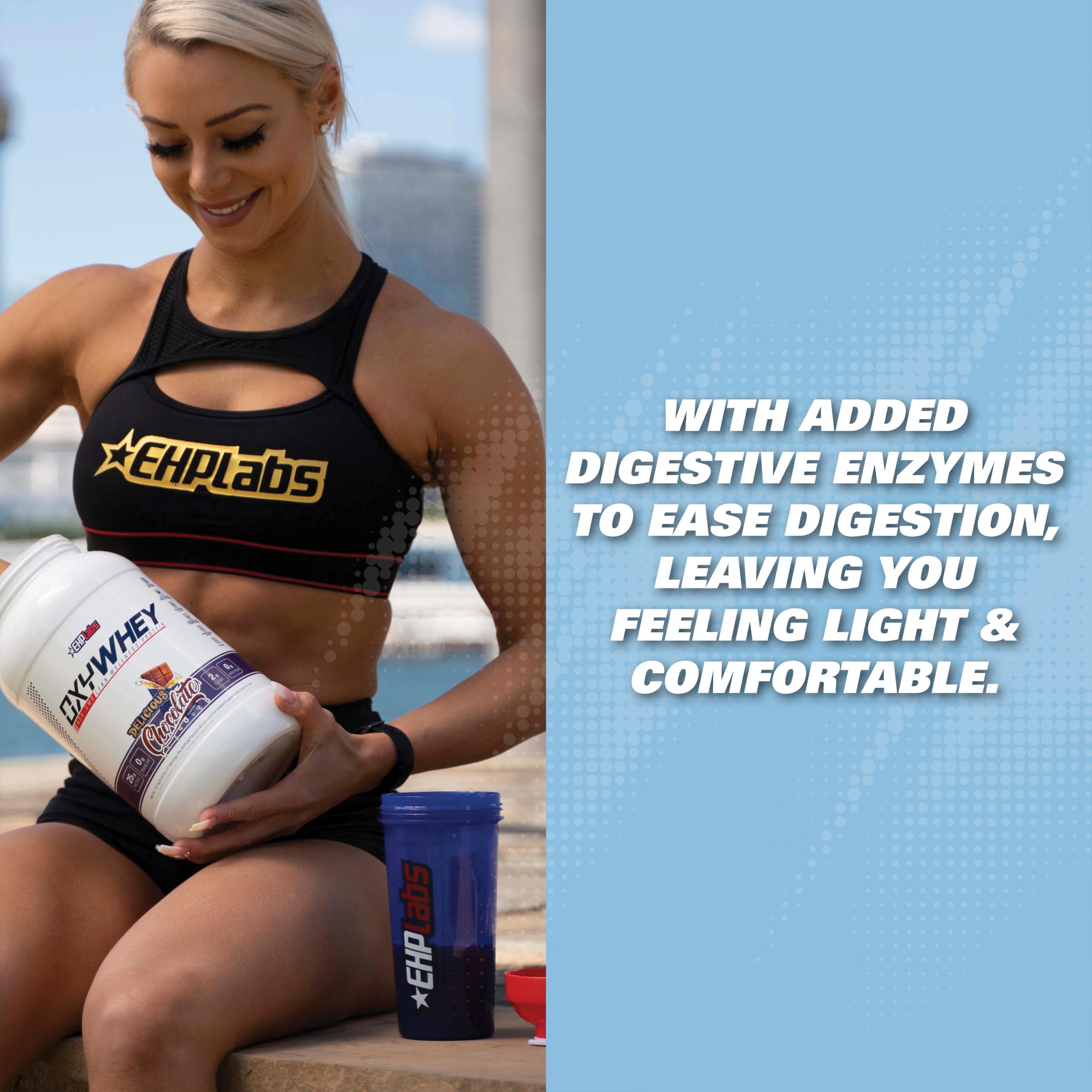 EHP Labs comparación de tamaño de porción OxyWhey con cucharada para referencia de servicio
