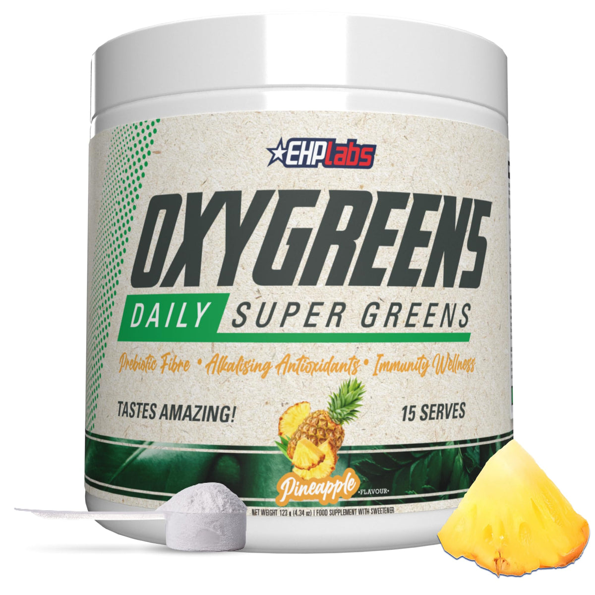 EHP Labs OxyGreens envase frontal y diseño, muestra suplemento fácil de integrar