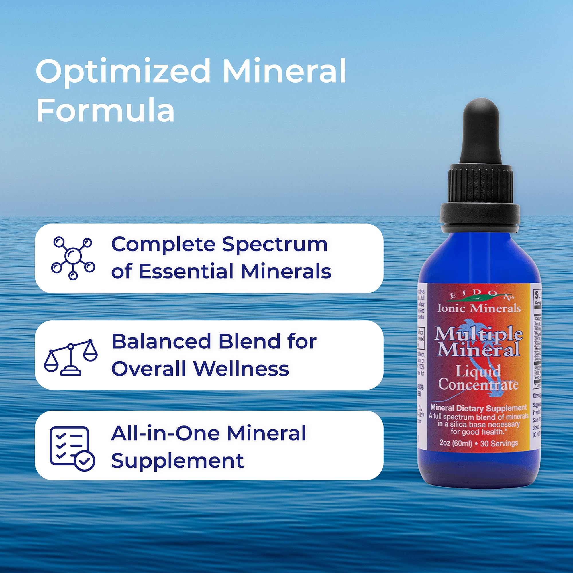 Etiqueta de Eidon Ionic Minerals con información de ingredientes y uso, lectura clara
