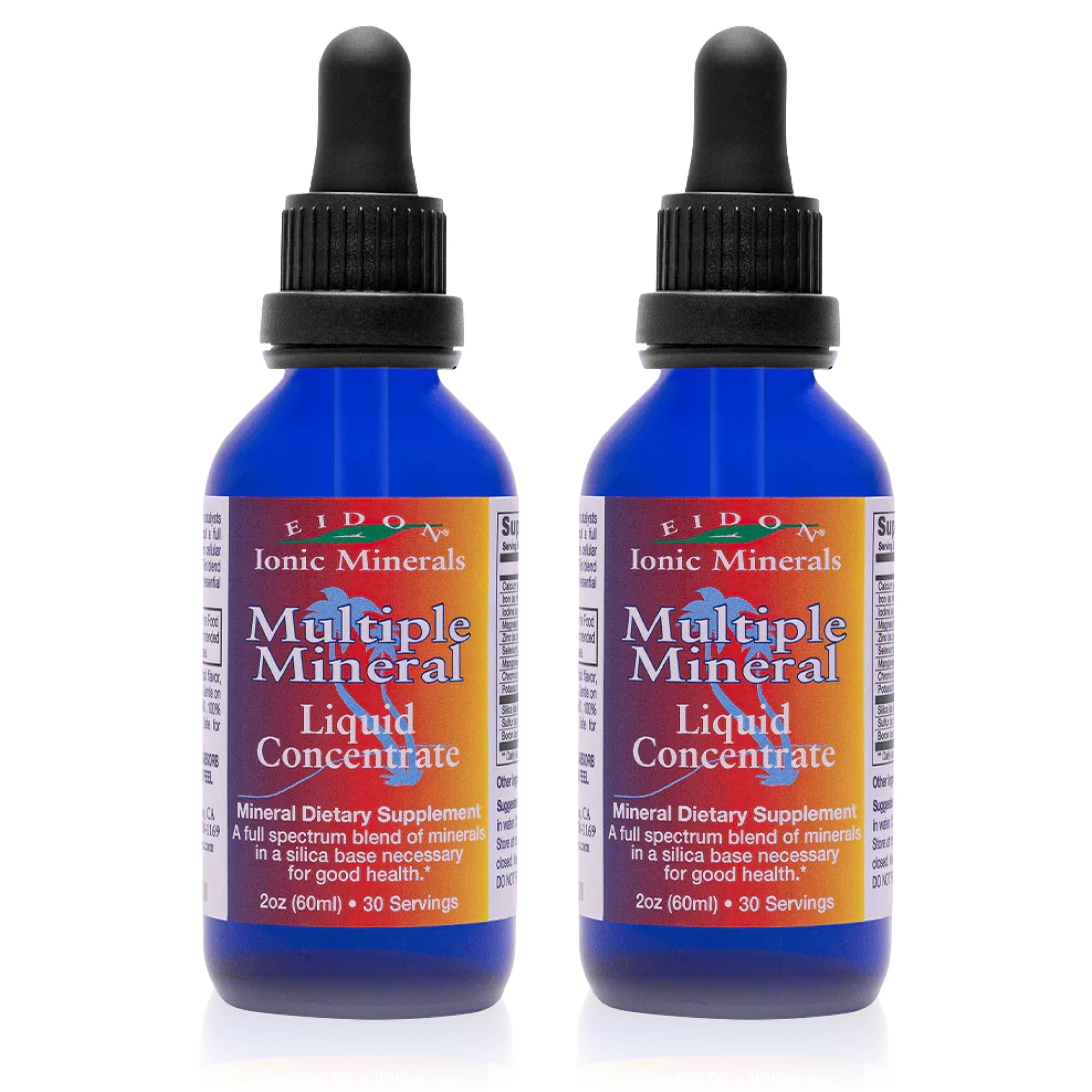Eidon Ionic Minerals pack frontal mostrando dos frascos y etiqueta clara, conveniencia portable