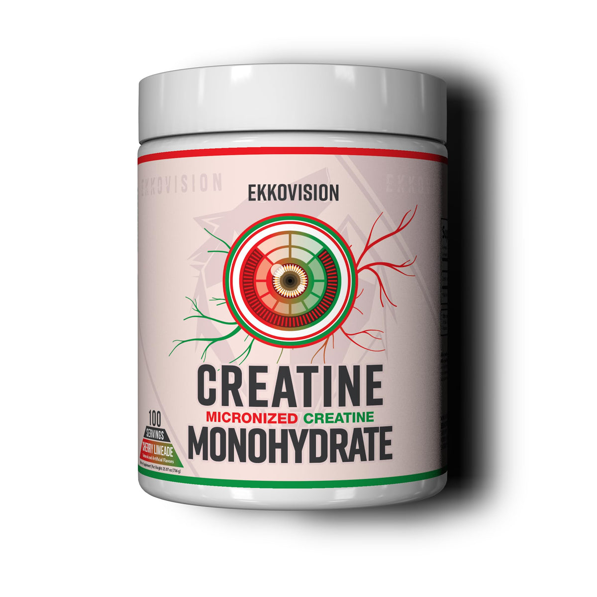 Ekkovision frente del envase mostrando sabor cherry limeade y cantidad de servicios