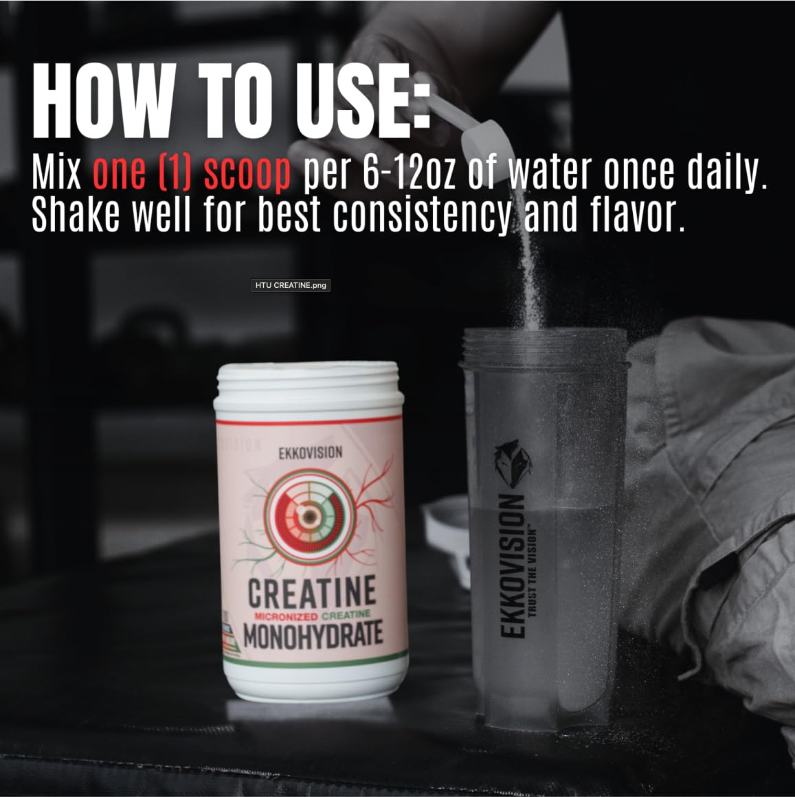 Ekkovision creatine envase junto a medidas para entender tamaño y porciones