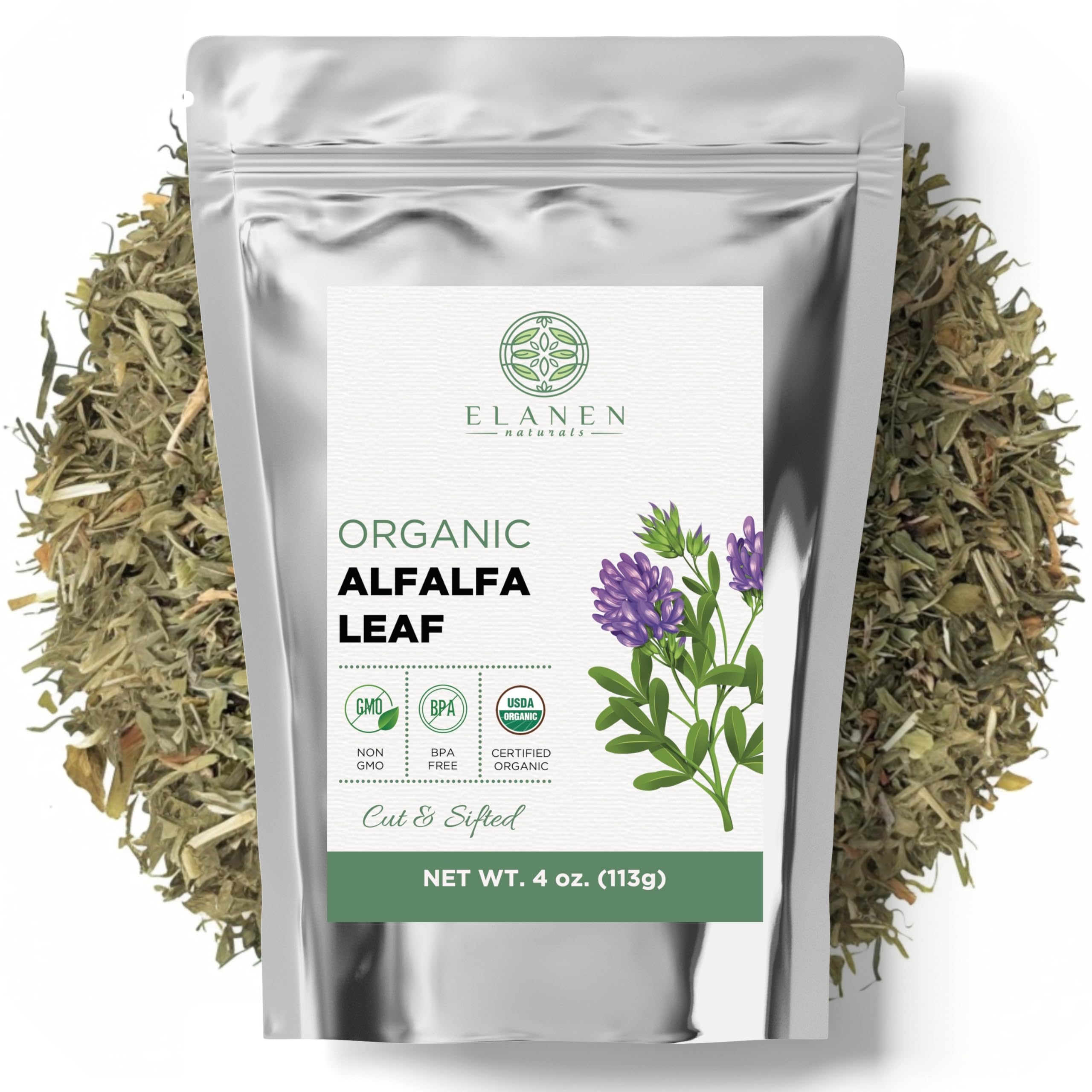 Elanen Naturals paquete frontal mostrando la alfalfa orgánica y sello USDA Organic