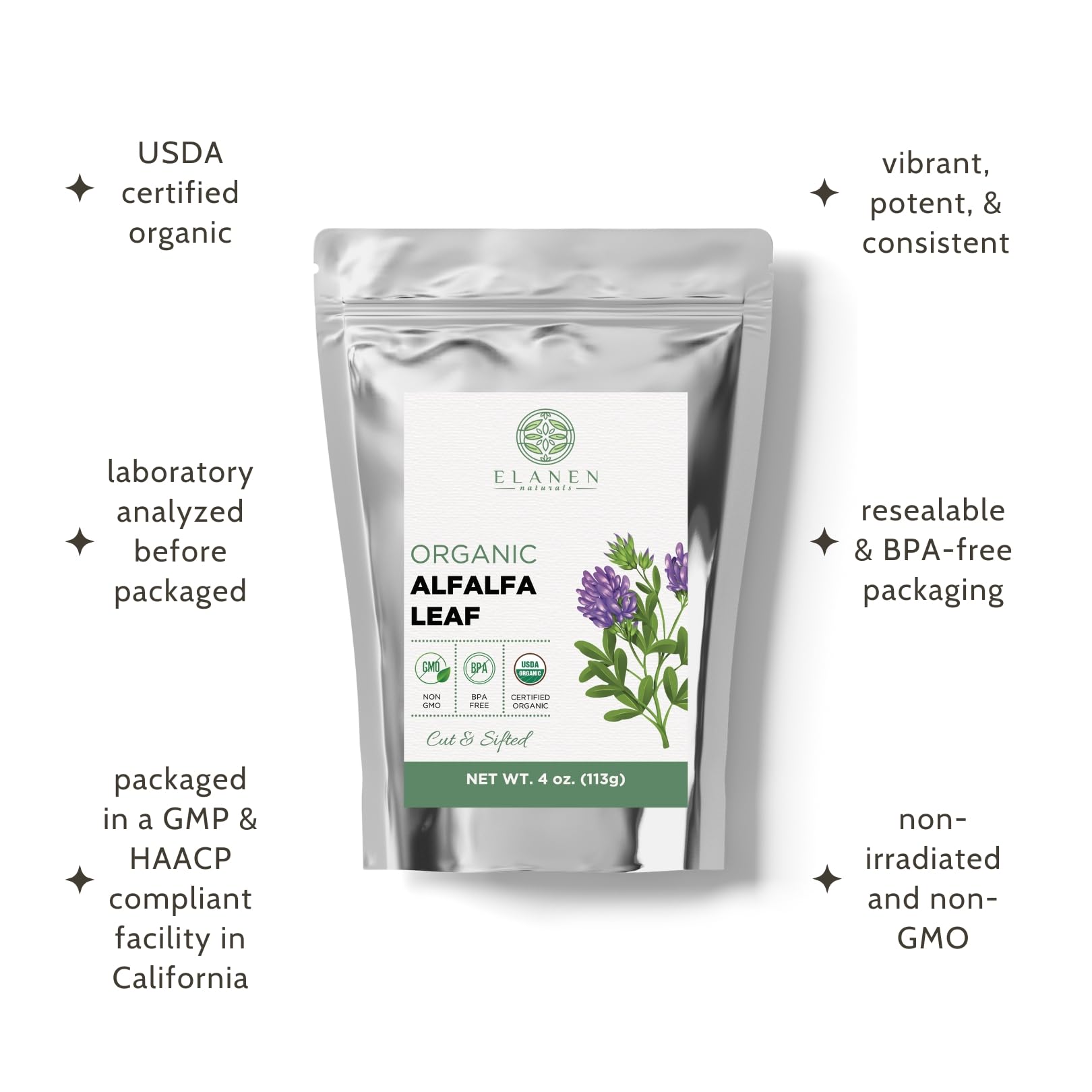 Elanen Naturals taza con infusión de alfalfa mostrando color claro y aroma