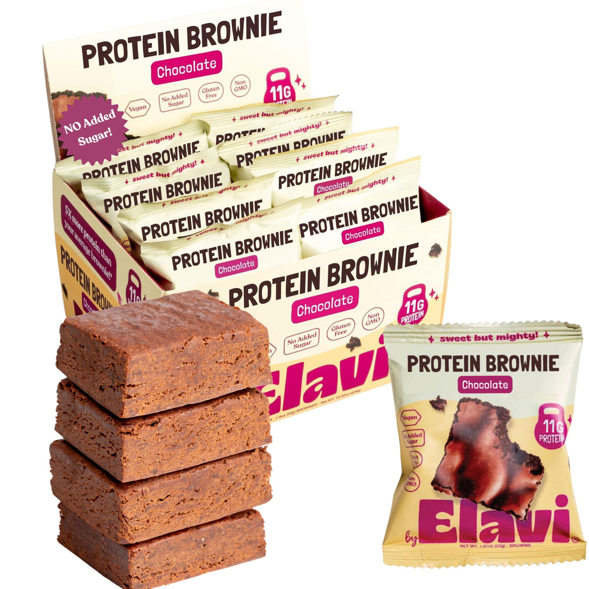 Elavi frontal del empaque mostrando pack de 8 brownies y conveniencia