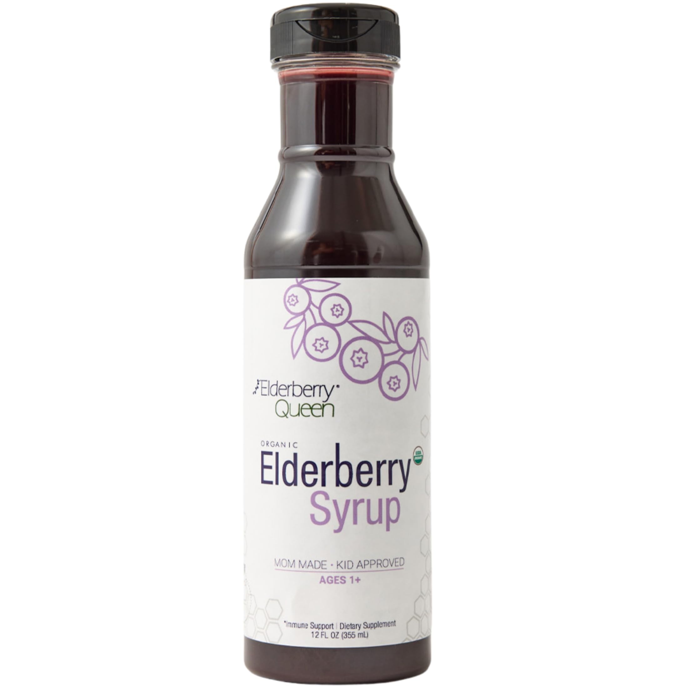 Elderberry Queen botella frontal mostrando la etiqueta orgánica y claridad del producto