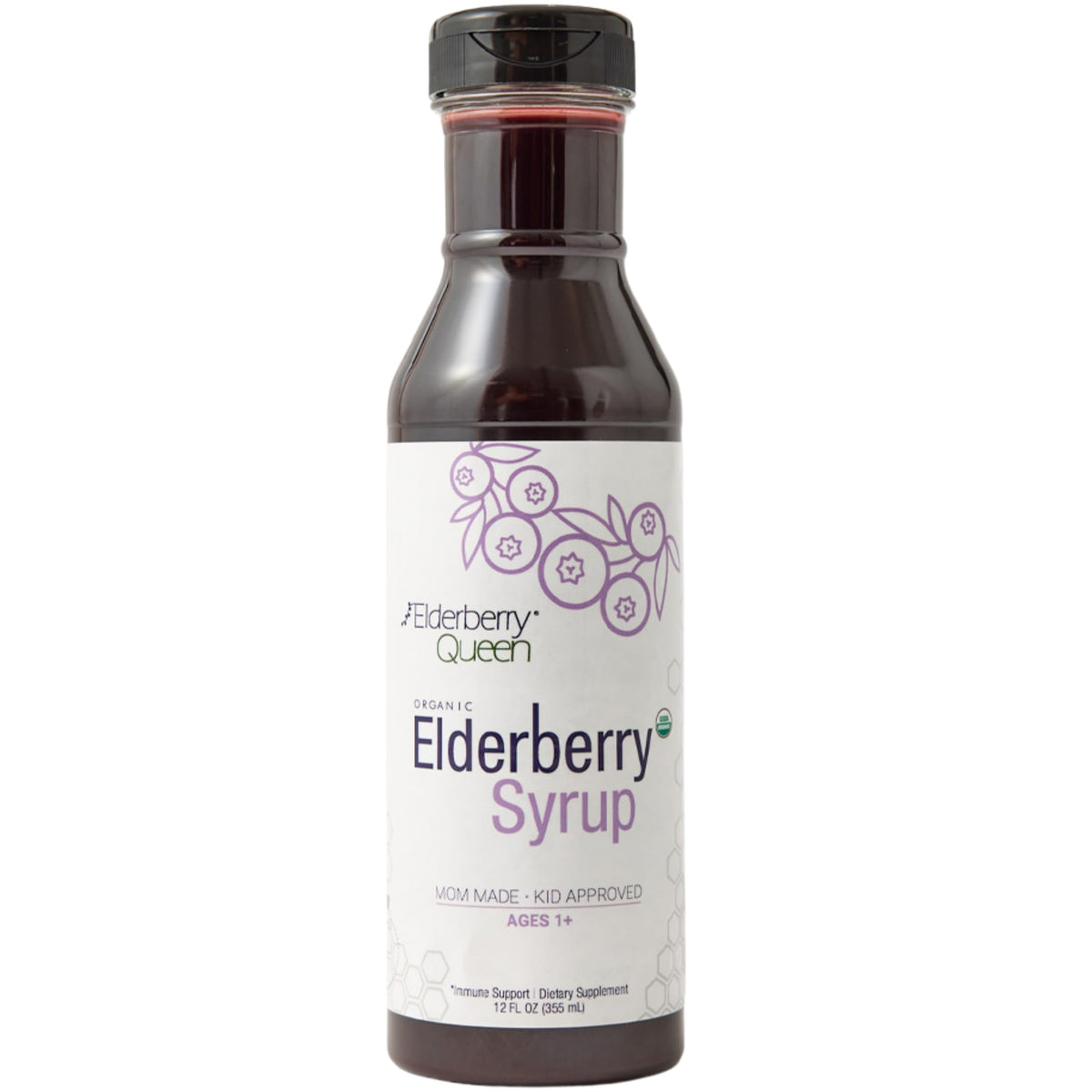 Elderberry Queen botella frontal mostrando la etiqueta orgánica y claridad del producto