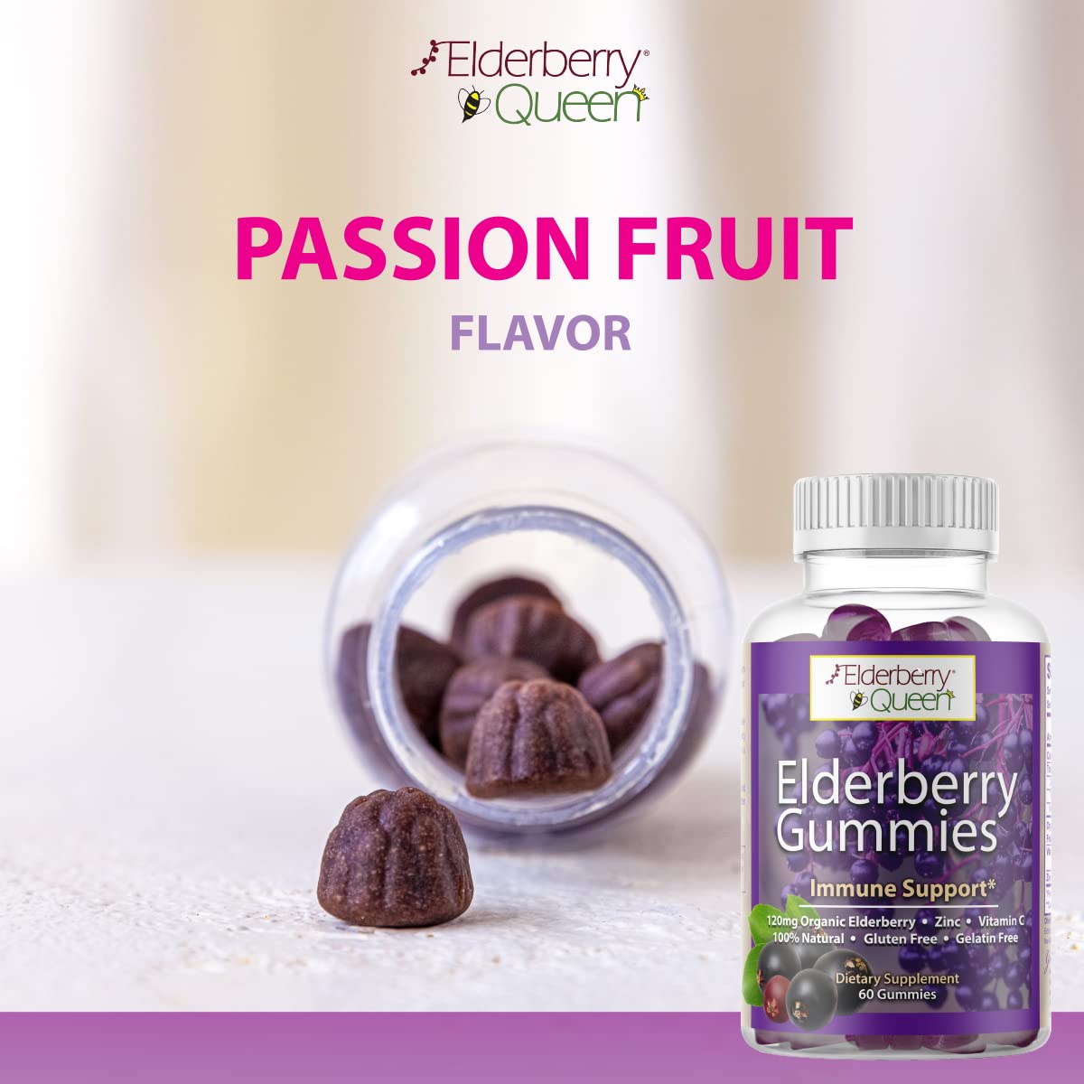Elderberry Queen gomitas en mano que facilitan la toma para adultos y niños