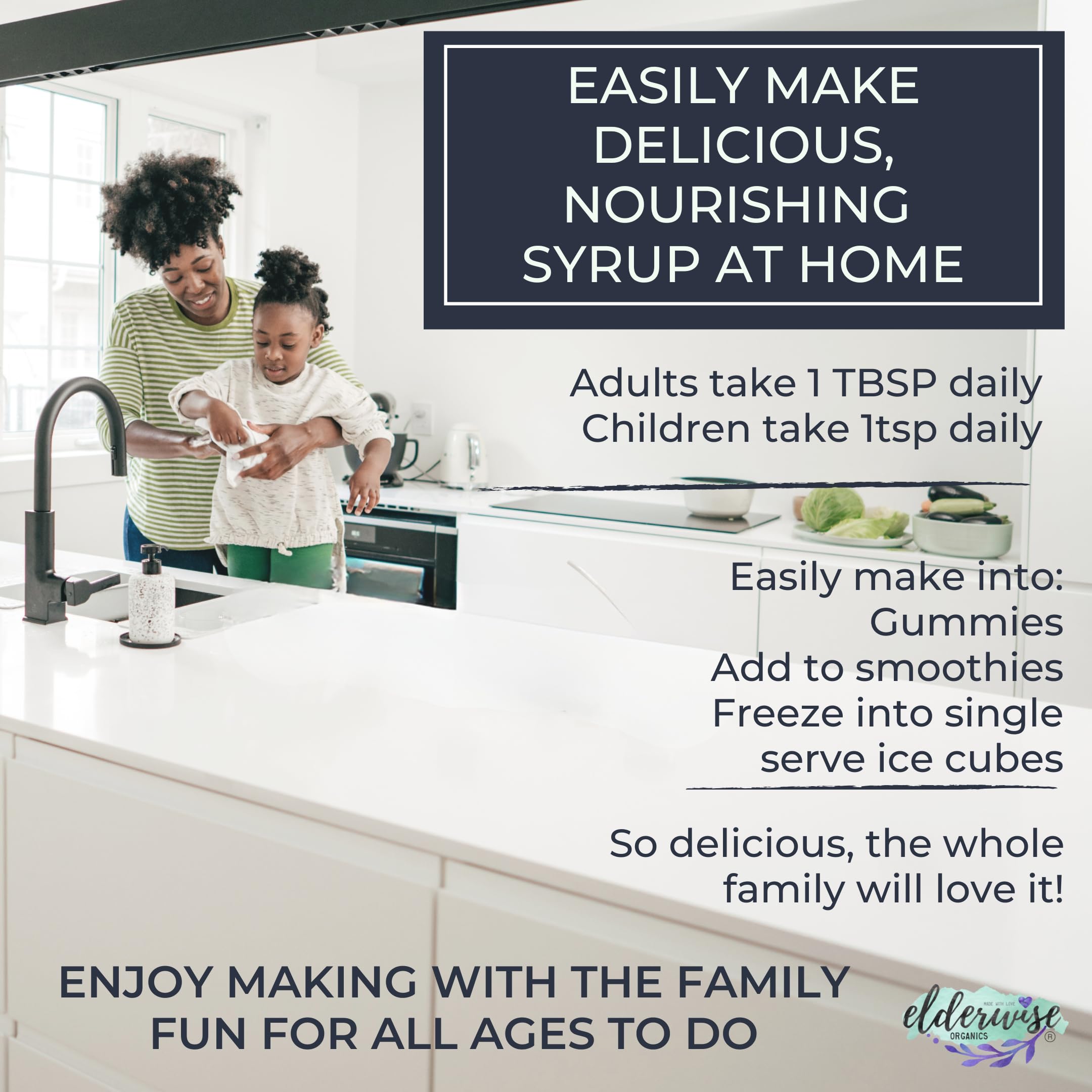 Elderwise Organics etiqueta con instrucciones claras para preparar fácilmente