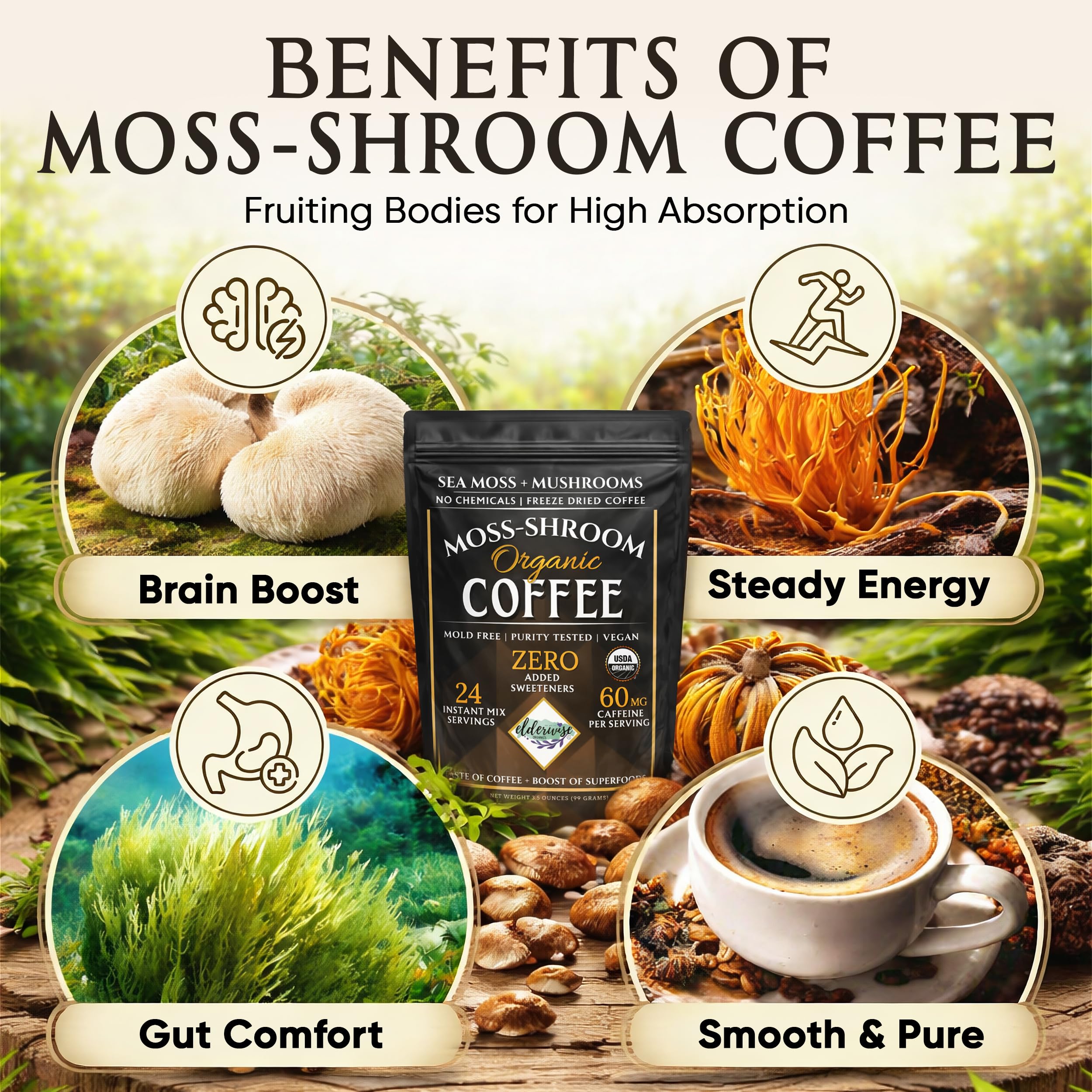 Elderwise Organics hongos y sea moss crudos que componen la mezcla