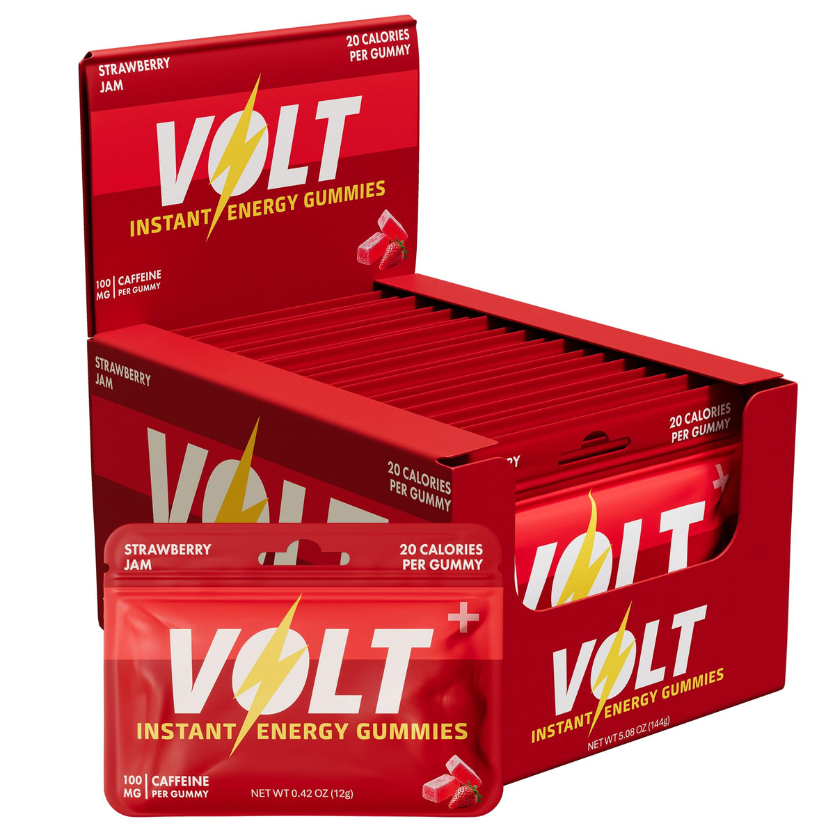 Eldurvael Volt pack frontal mostrando diseño y sabor Strawberry Jam, portátil y energizante