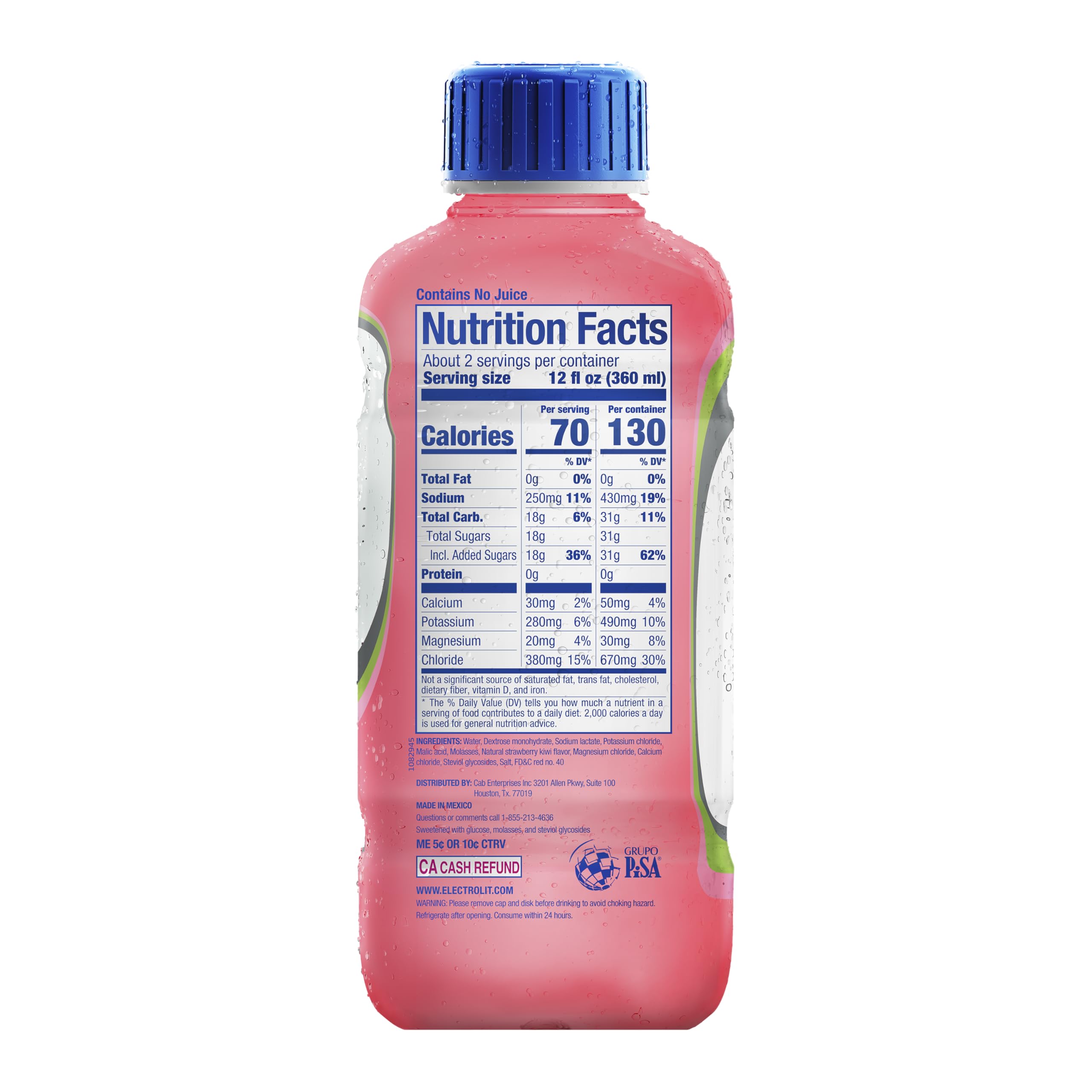 Electrolit primer plano del líquido fresa-kiwi que resalta apariencia refrescante