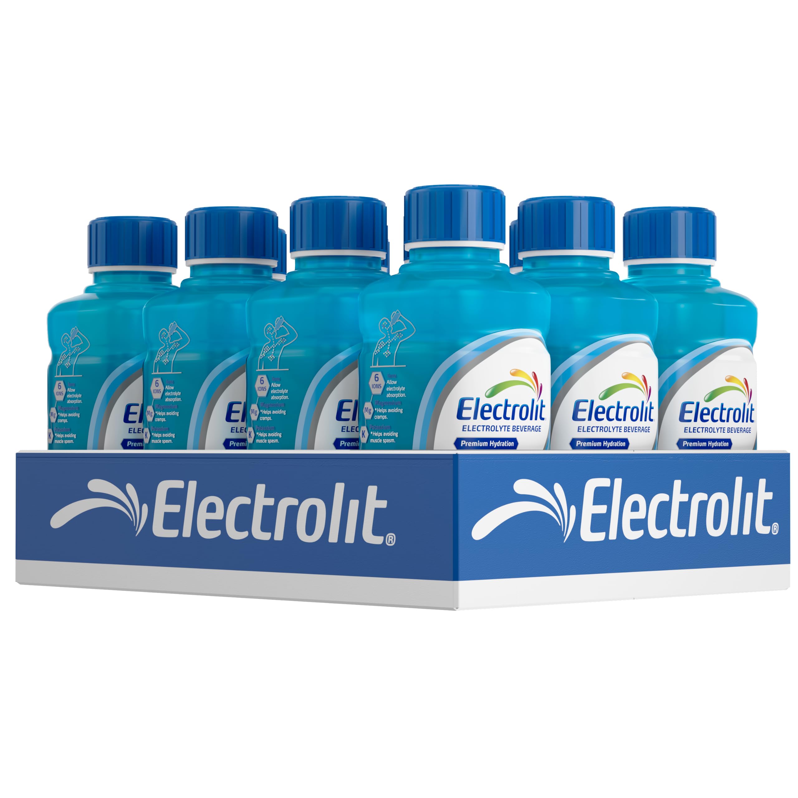 Electrolit frambuesa azul frente mostrando etiqueta y botella para hidratación rápida