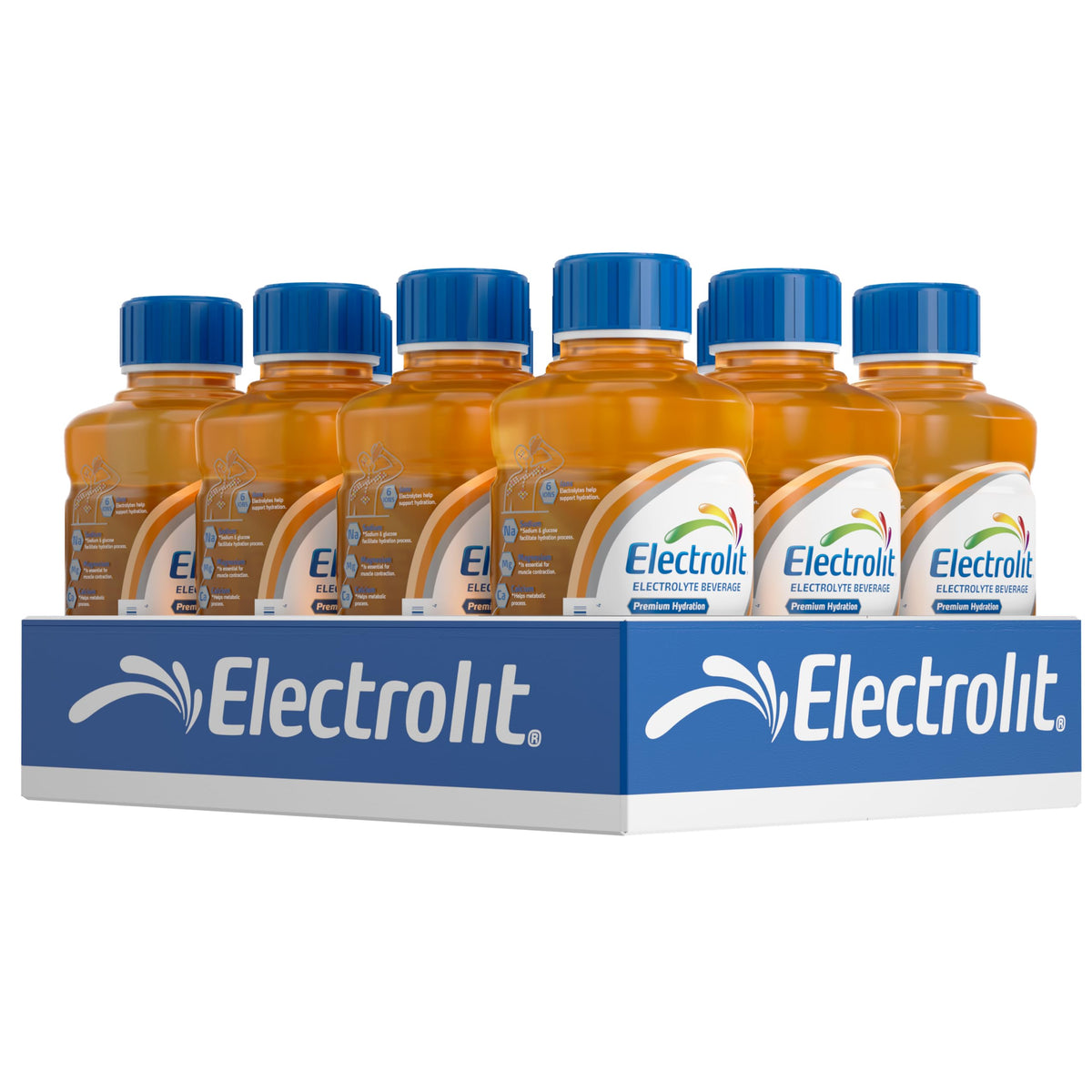 Electrolit botella naranja frontal con etiqueta visible, beneficio hidratación rápida
