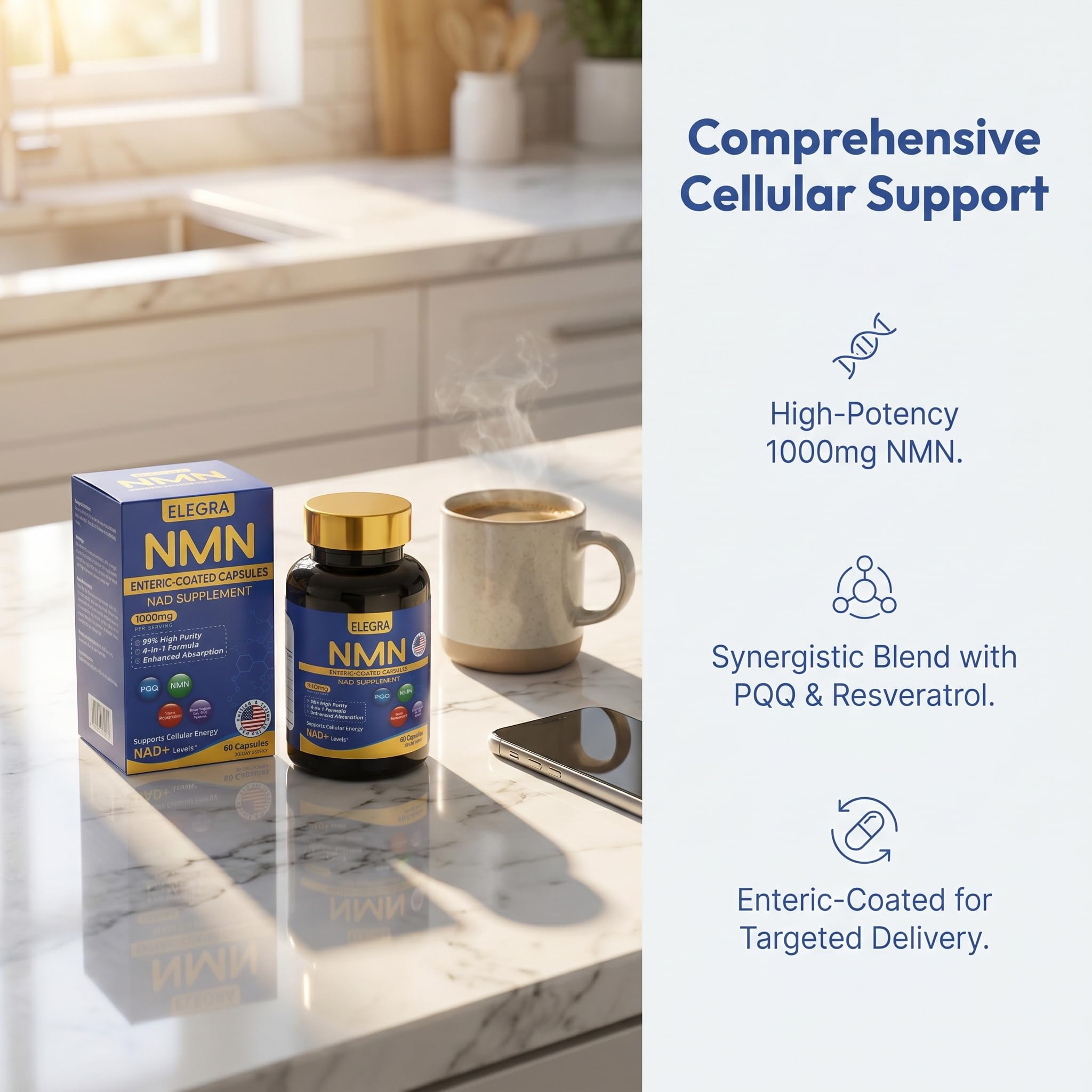 Elegra suplemento sobre mesa de desayuno integrándose en estilo de vida activo