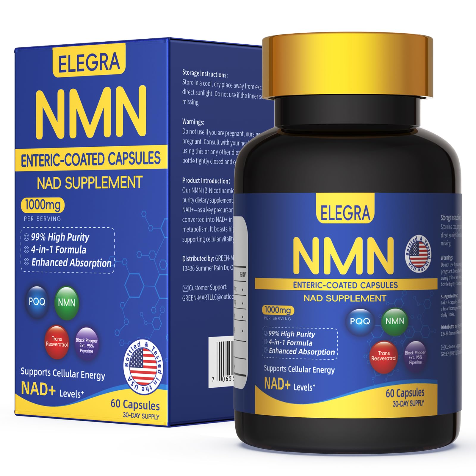 Elegra envase frontal del suplemento NMN mostrando etiqueta y beneficios