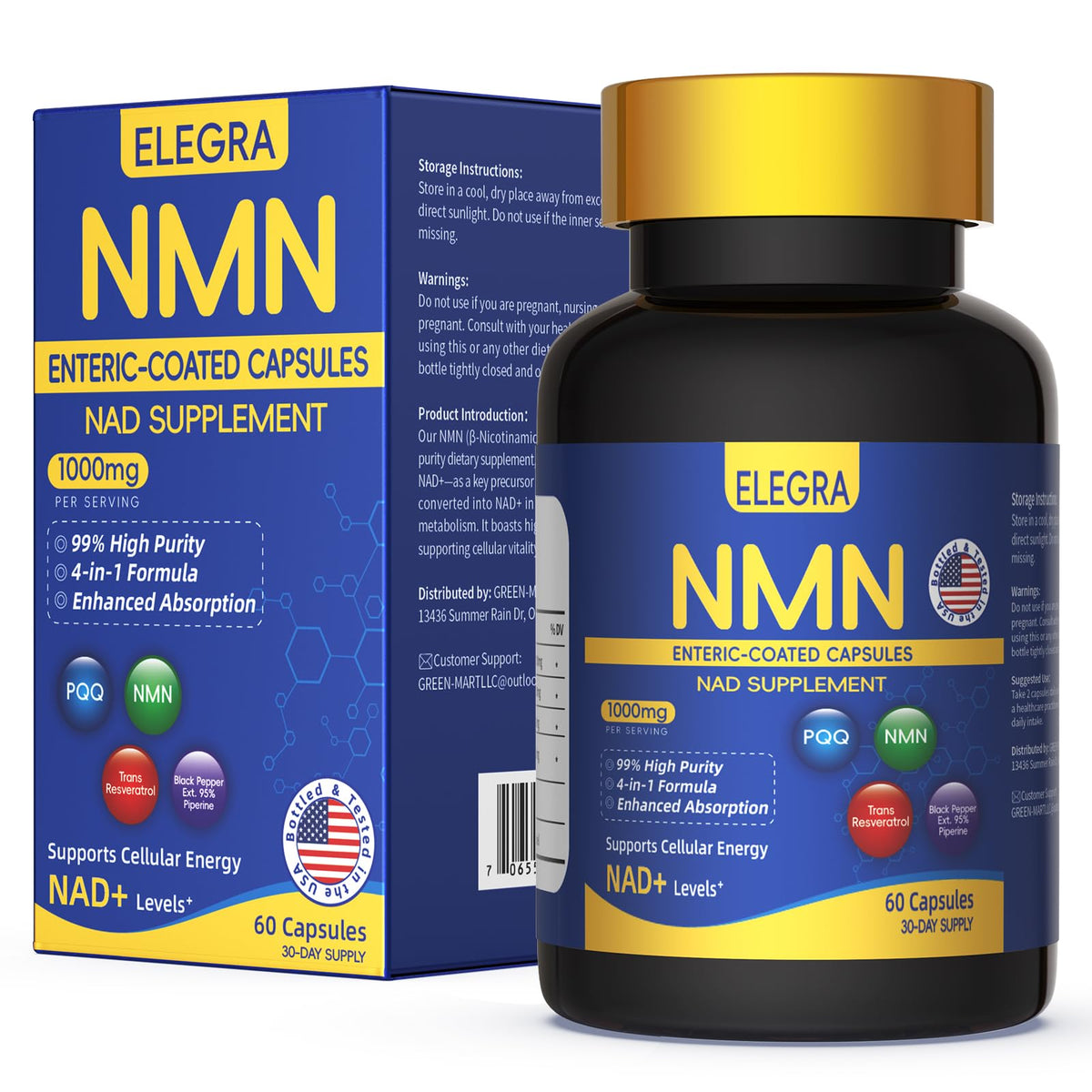 Elegra envase frontal del suplemento NMN mostrando etiqueta y beneficios