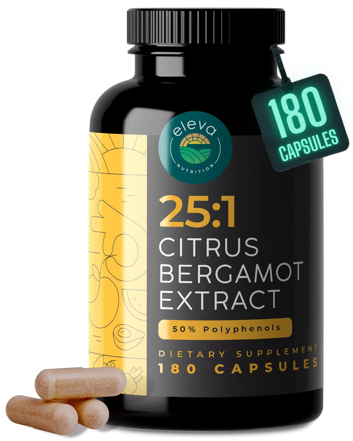 Eleva Nutrition frasco frontal del suplemento bergamot y detalle de etiqueta clara