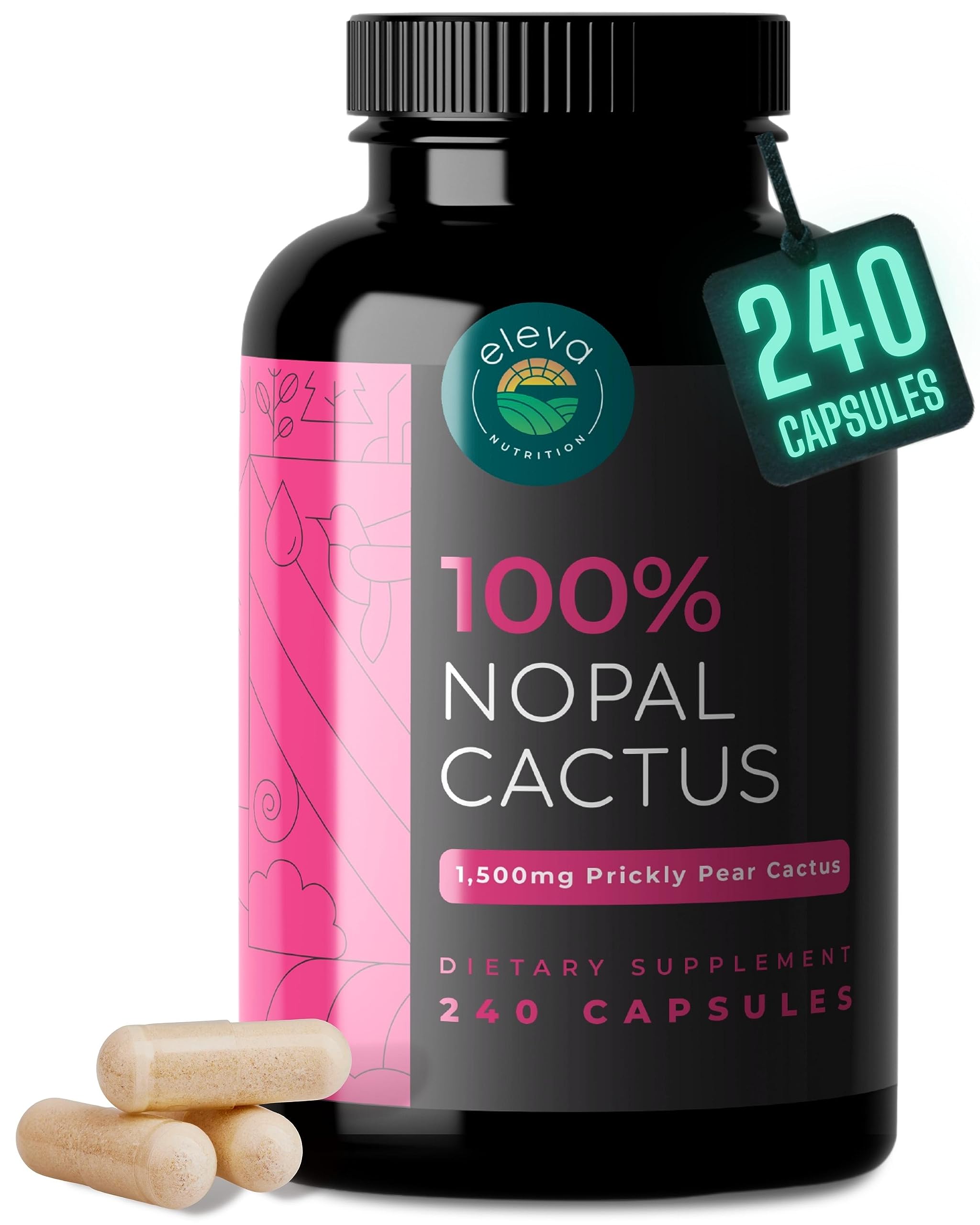 Eleva Nutrition botella frontal de nopal con 240 cápsulas, presentación y beneficio práctico