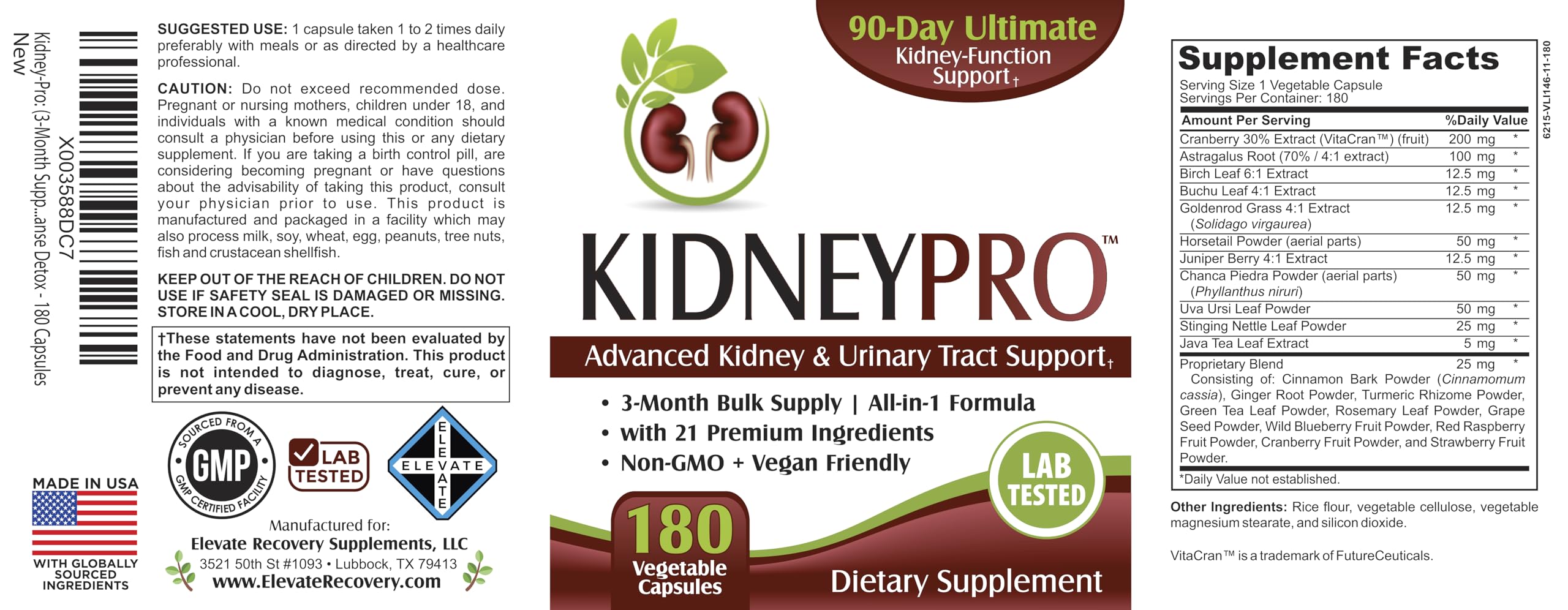 Elevate Recovery Supplements frasco Kidney-Pro en encimera para rutina diaria y uso conveniente