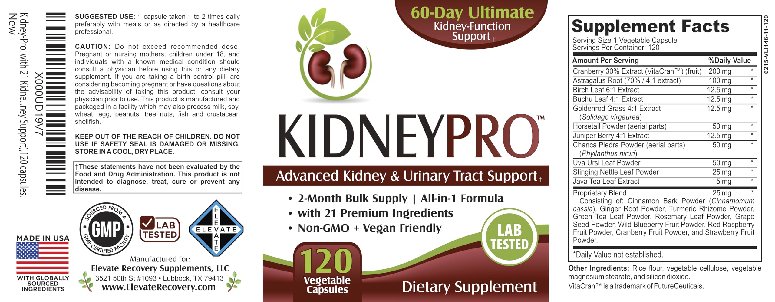 Frasco Kidney-Pro junto a una regla para comparar tamaño y suministro de 60 días Elevate