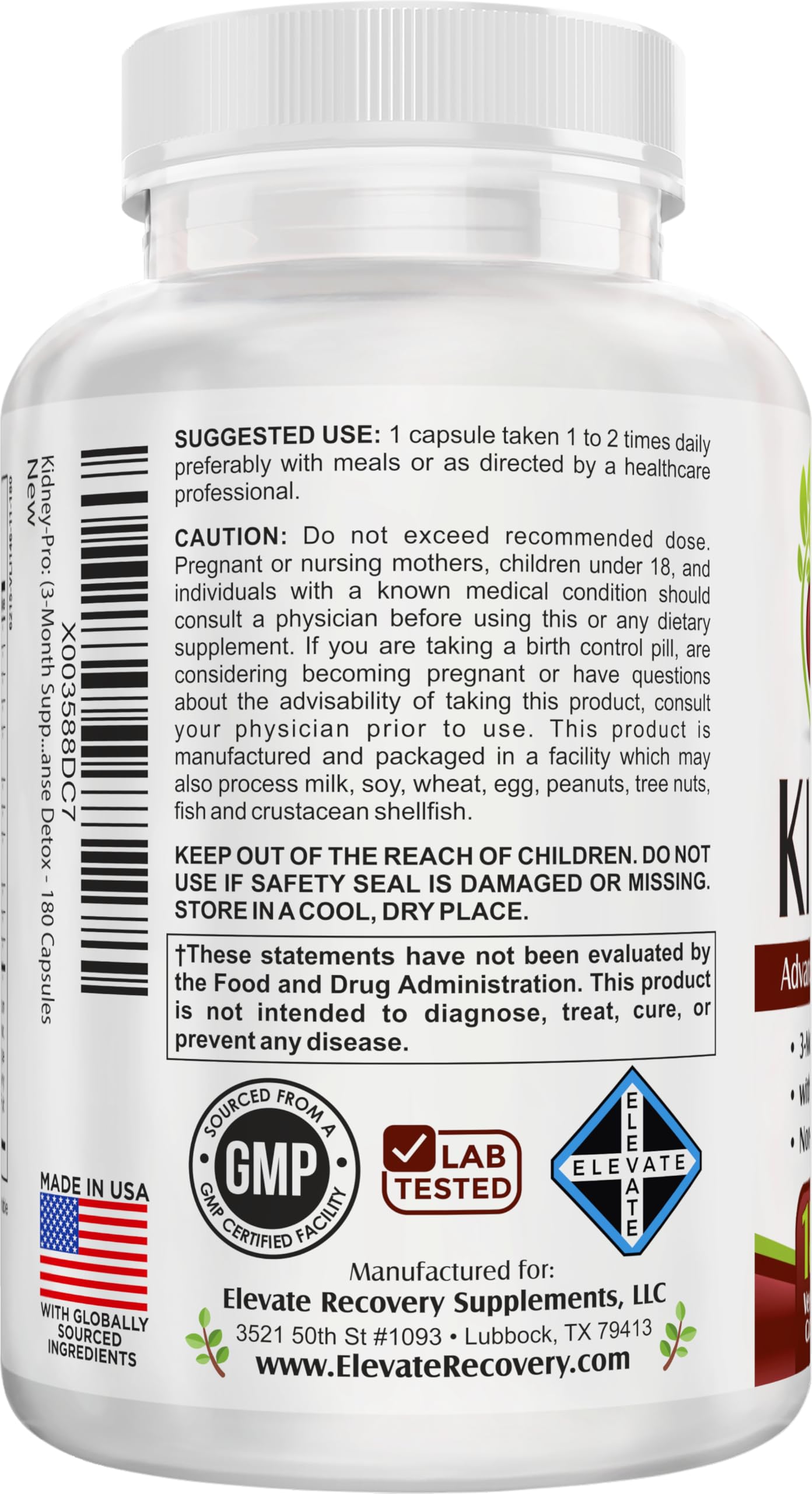 Elevate Recovery Supplements ingredientes Kidney-Pro variados muestran origen vegetal y equilibrio