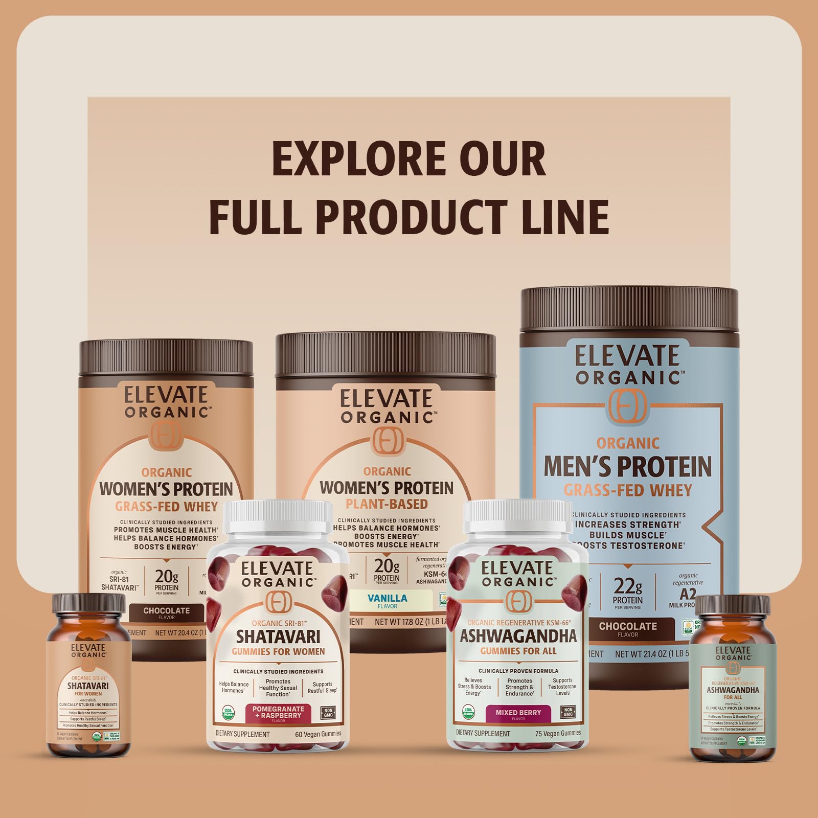 ELEVATE ORGANIC lifestyle con mesa y fruta, transmitiendo bienestar y sostenibilidad
