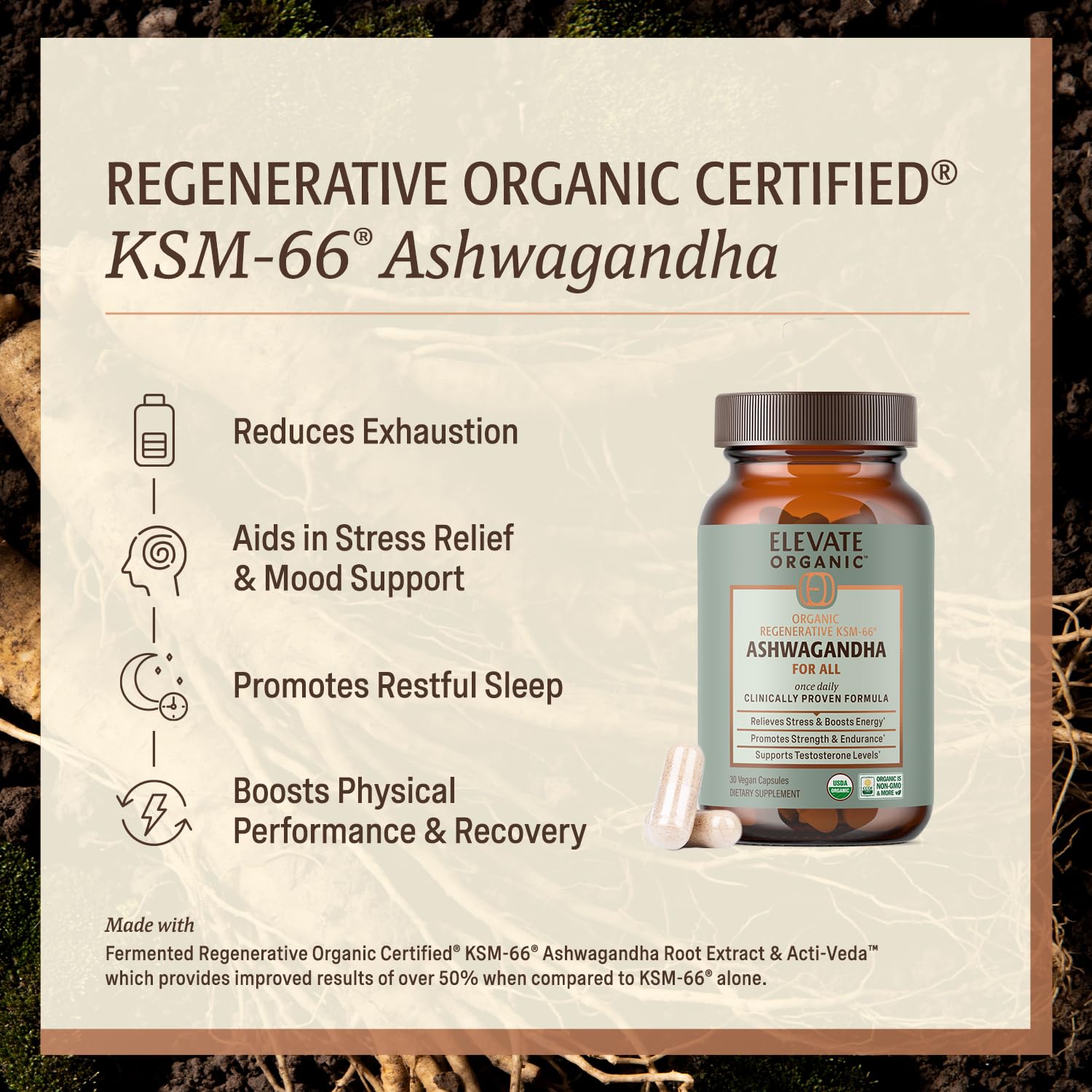 ELEVATE ORGANIC detalle de la textura de cápsulas veganas y pureza