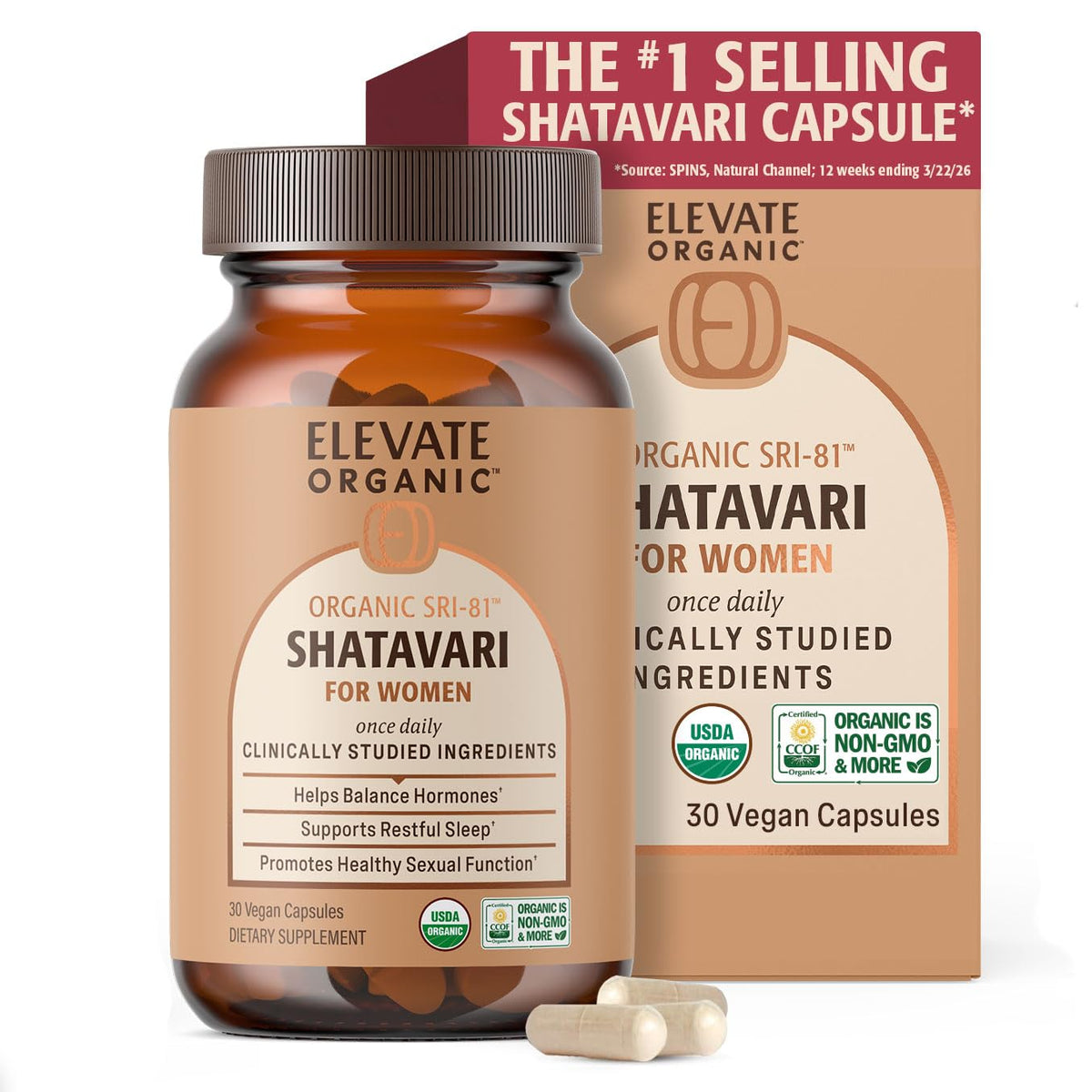 ELEVATE ORGANIC empaque frontal mostrando 30 cápsulas y certificación orgánica