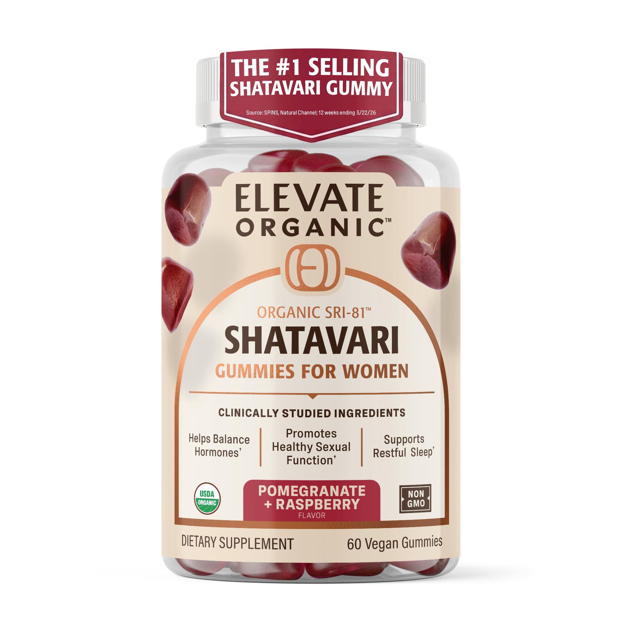 ELEVATE ORGANIC frasco frontal mostrando gomitas y etiqueta, beneficiando conveniencia
