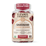 ELEVATE ORGANIC frasco frontal mostrando gomitas y etiqueta, beneficiando conveniencia