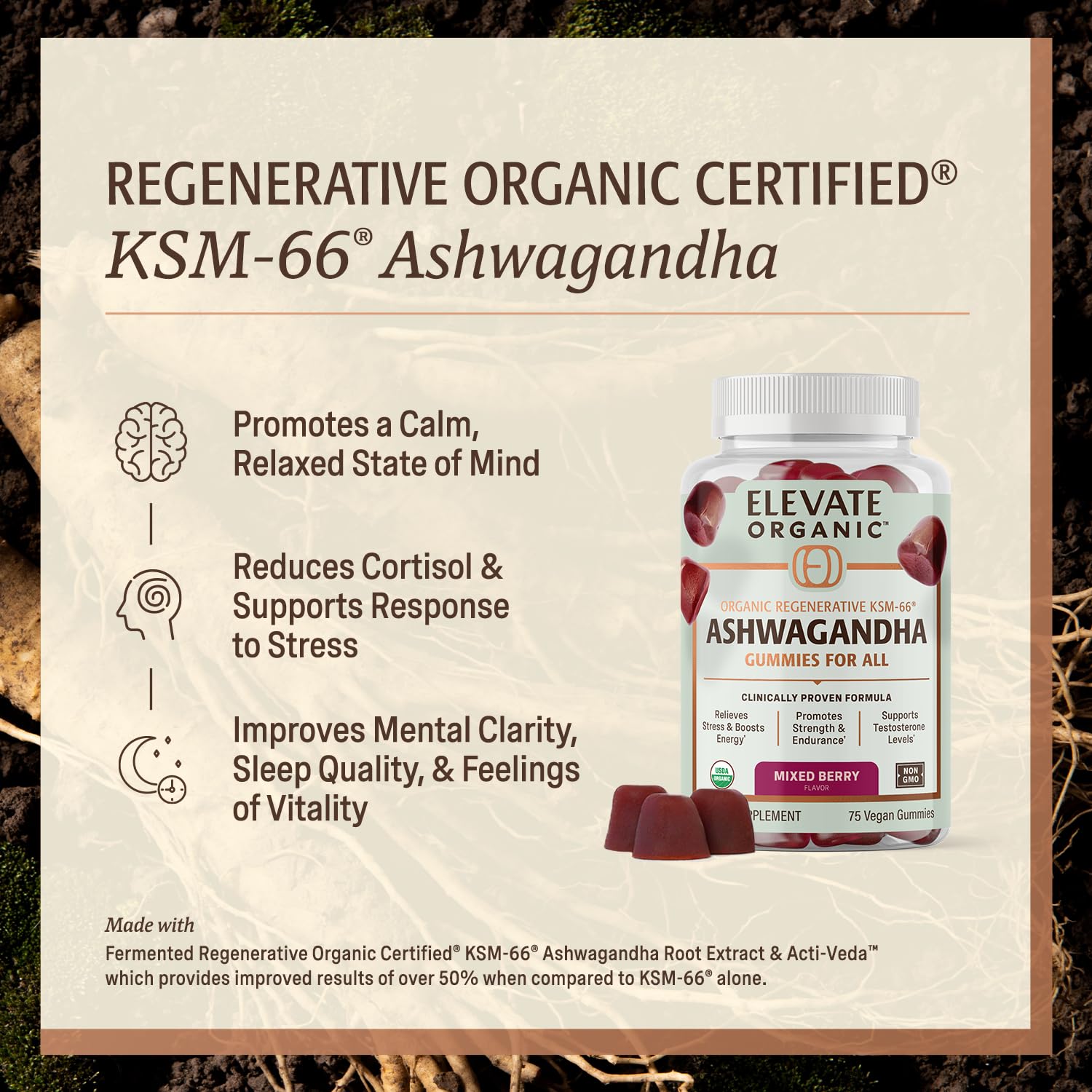 ELEVATE ORGANIC primer plano gominola mostrando textura masticable y atractivo sabor