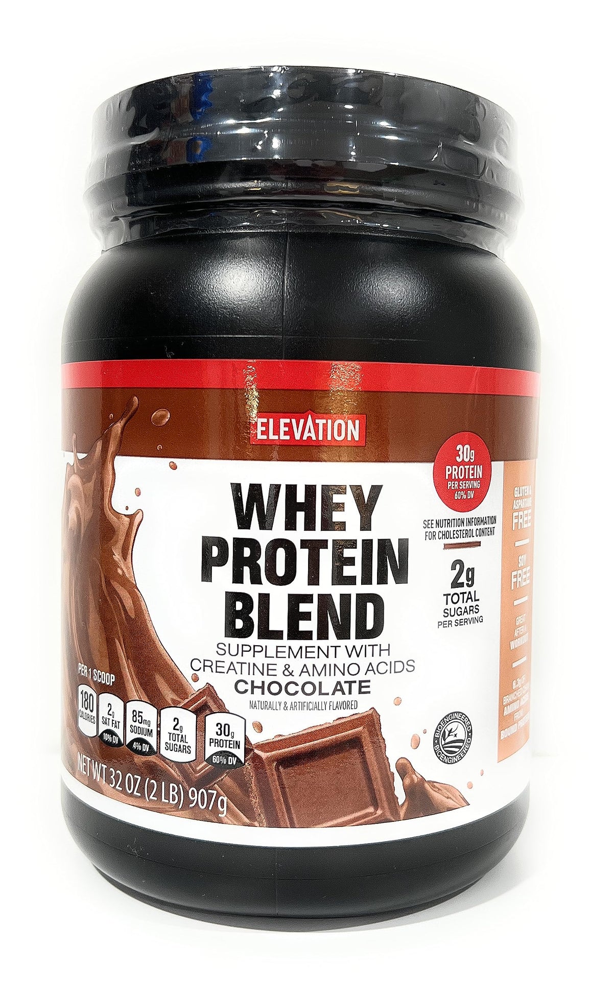 Elevation envase frontal mostrando etiqueta y ventaja de 30 g proteína