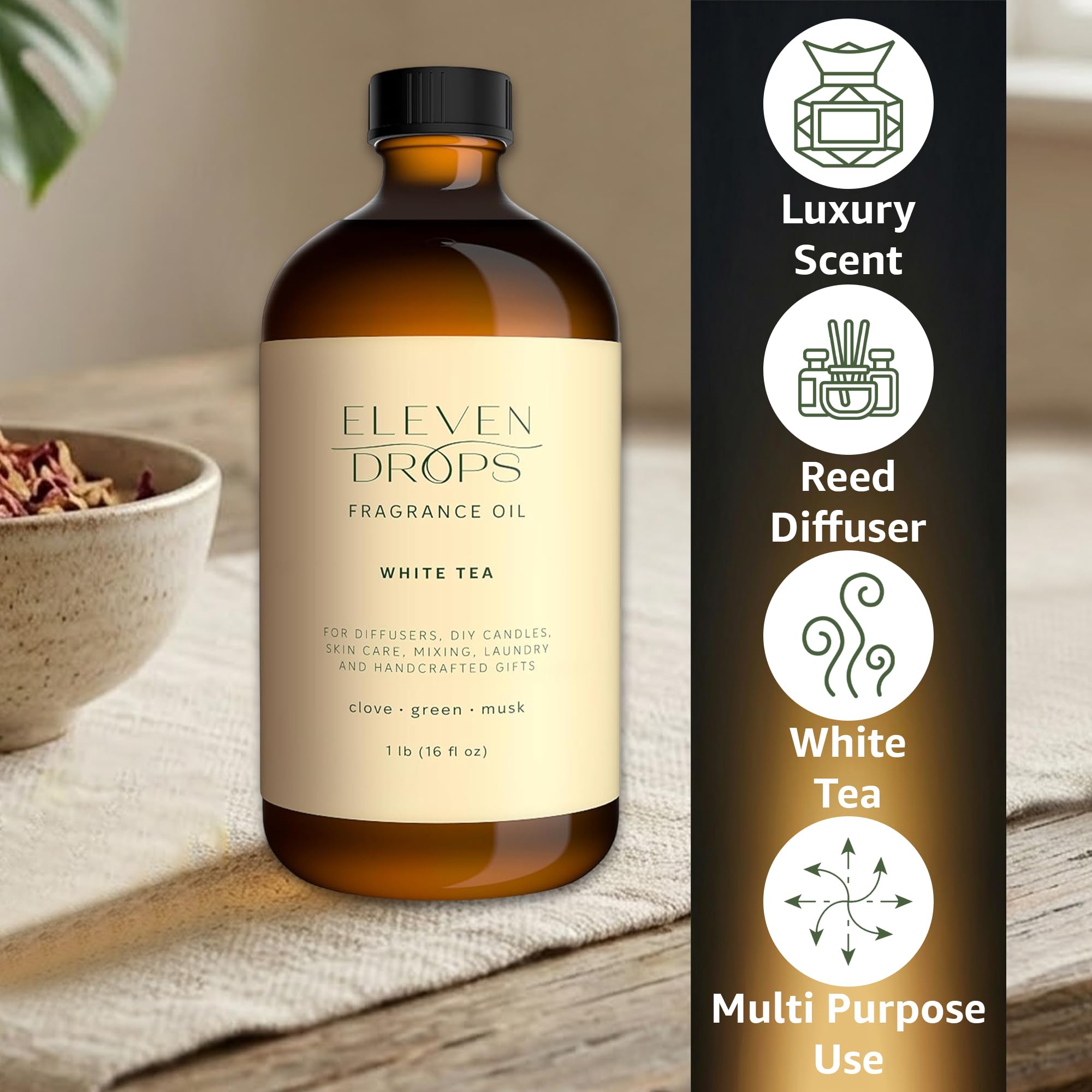 ELEVEN DROPS detalle de etiqueta legible que destaca notas de clavo y almizcle