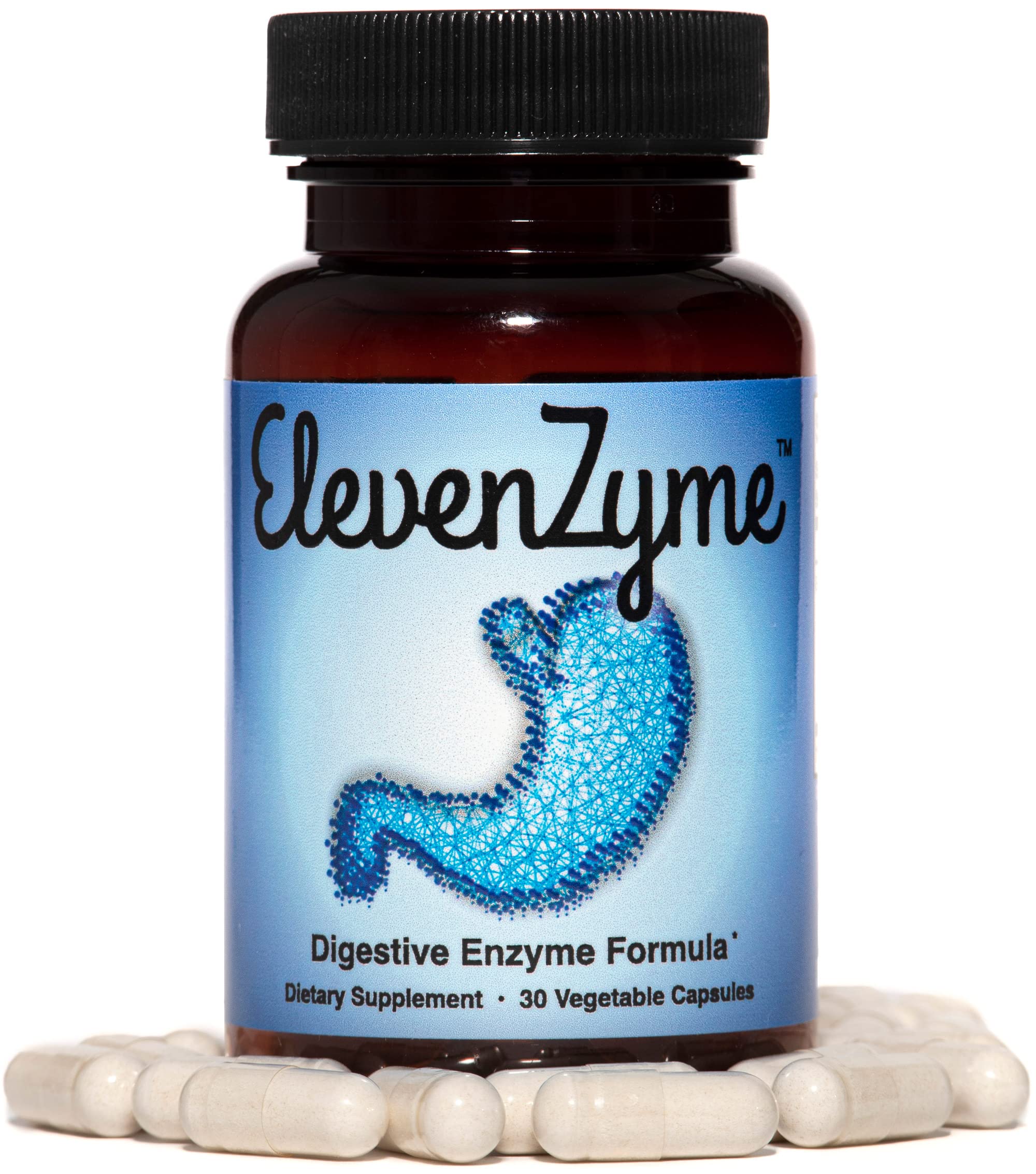 Etiqueta de ElevenZyme con lista de 11 enzimas y sello GMP indicando control de calidad